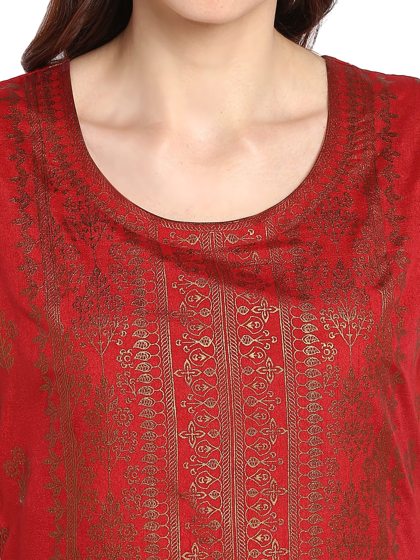 Women's Double Layered Red & Gold Floor Length Only Kurta Dress
