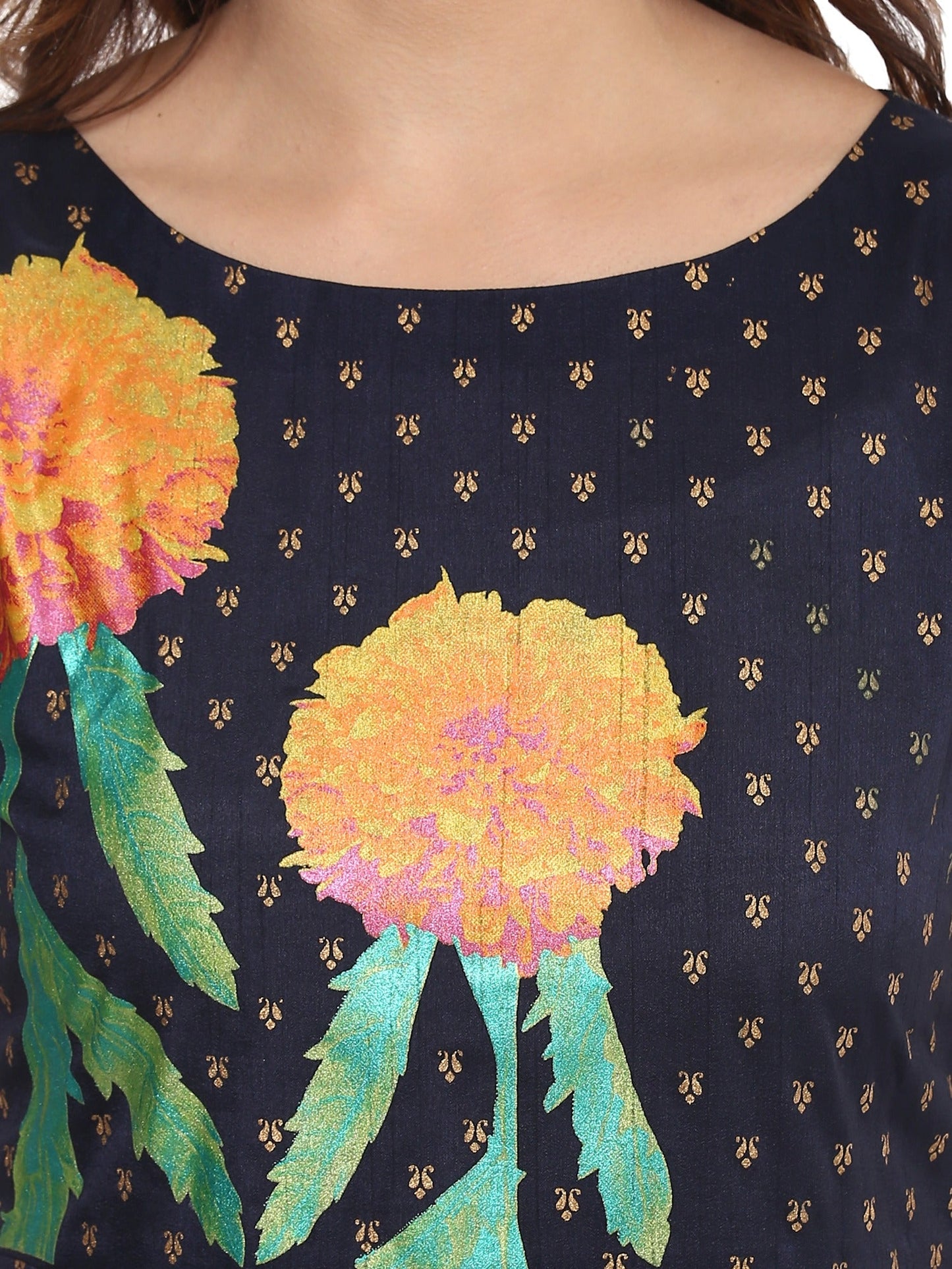 Women's Flared Navy Blue Faux Silk Marigold Print Festive Only Kurta