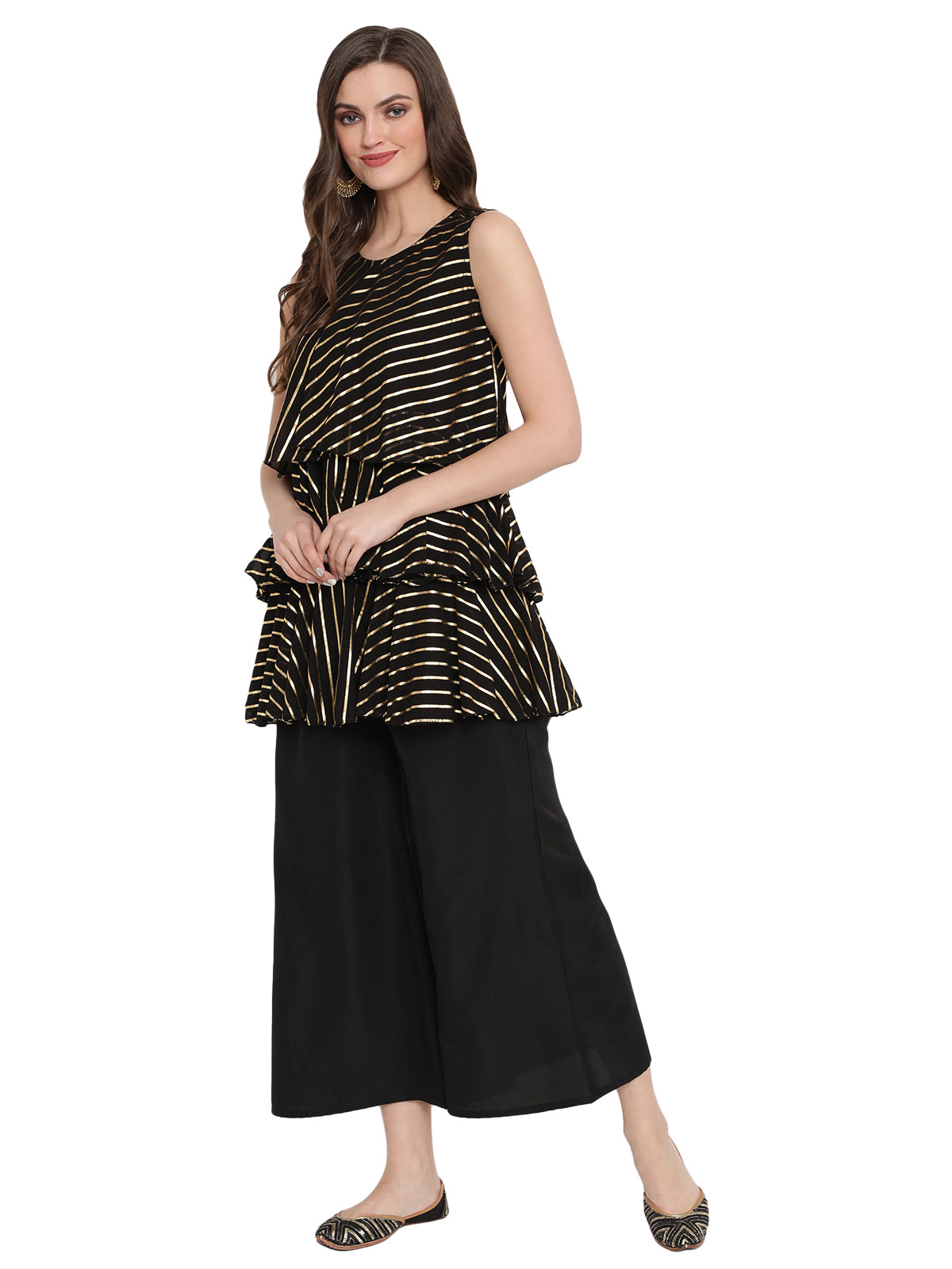 Women's Black Georgette Gold Printed Top With Plazzo