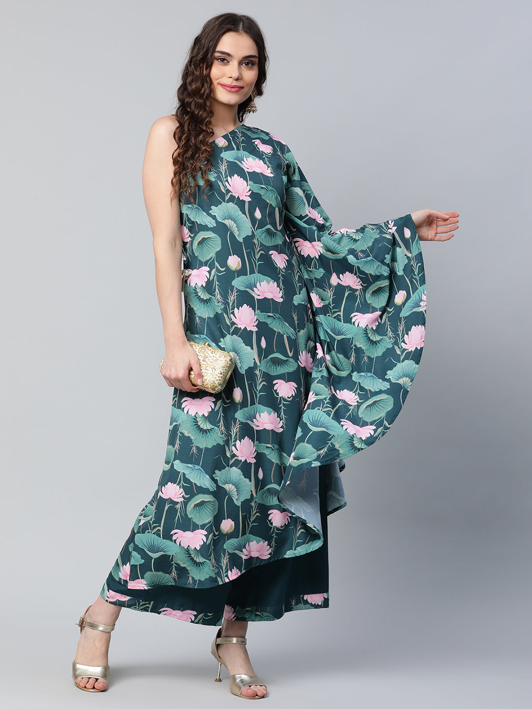 Women's Green Crepe Floral Printed Kurta With Palazzo Set