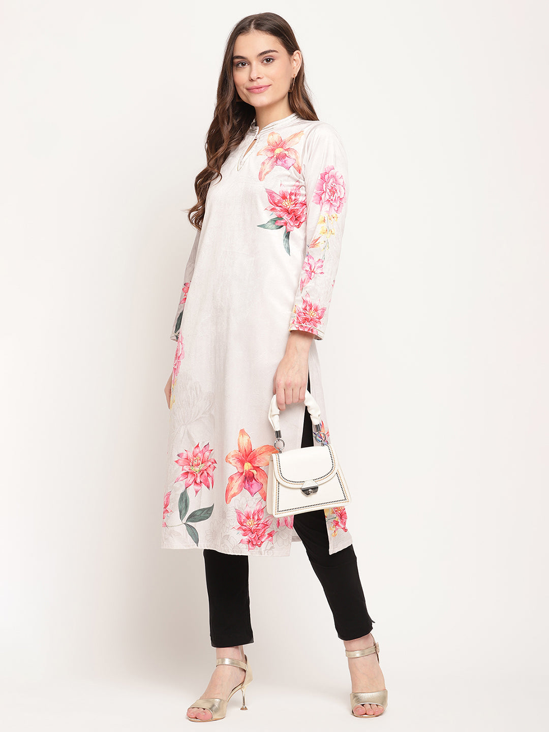 Women's Beige Velvet Digital Print Kurt