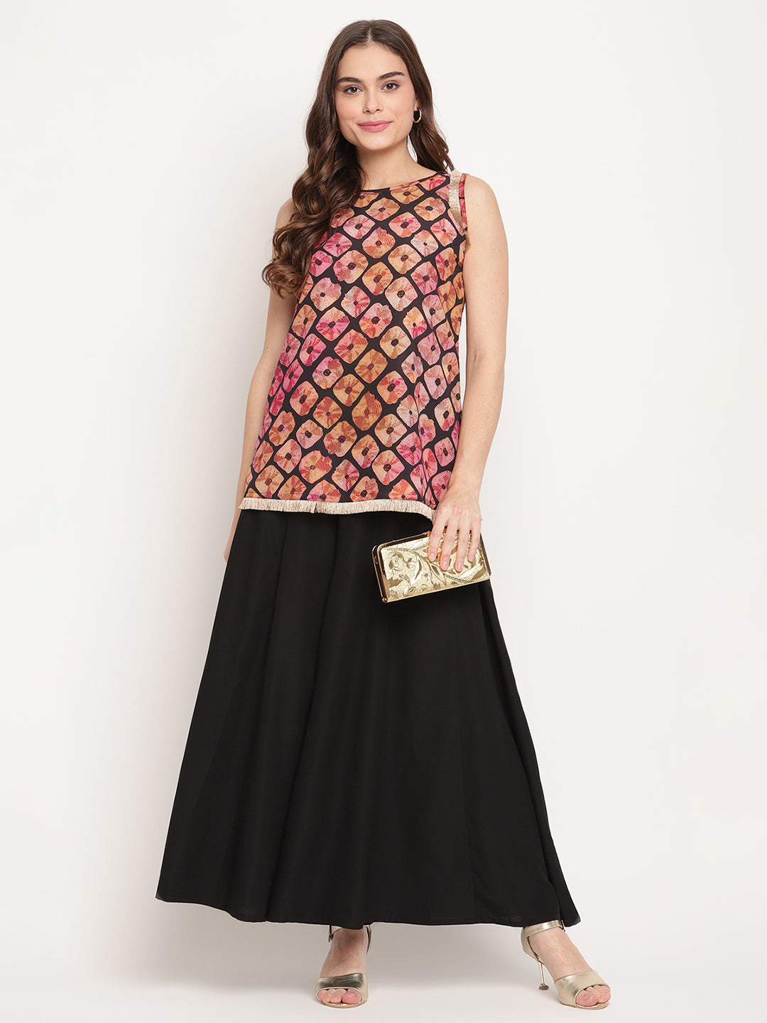 Women's Black Crepe Digital Shibori Print Top Palazzo Se