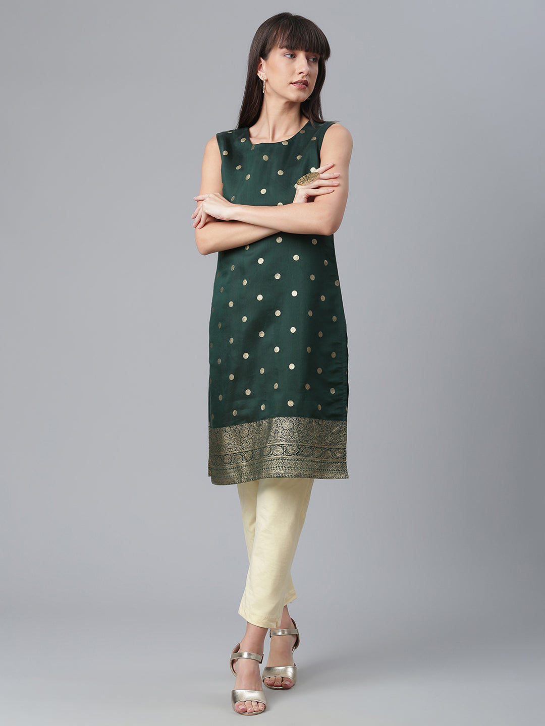Women's Dark Green Chanderi Gold Foil Print Kurt