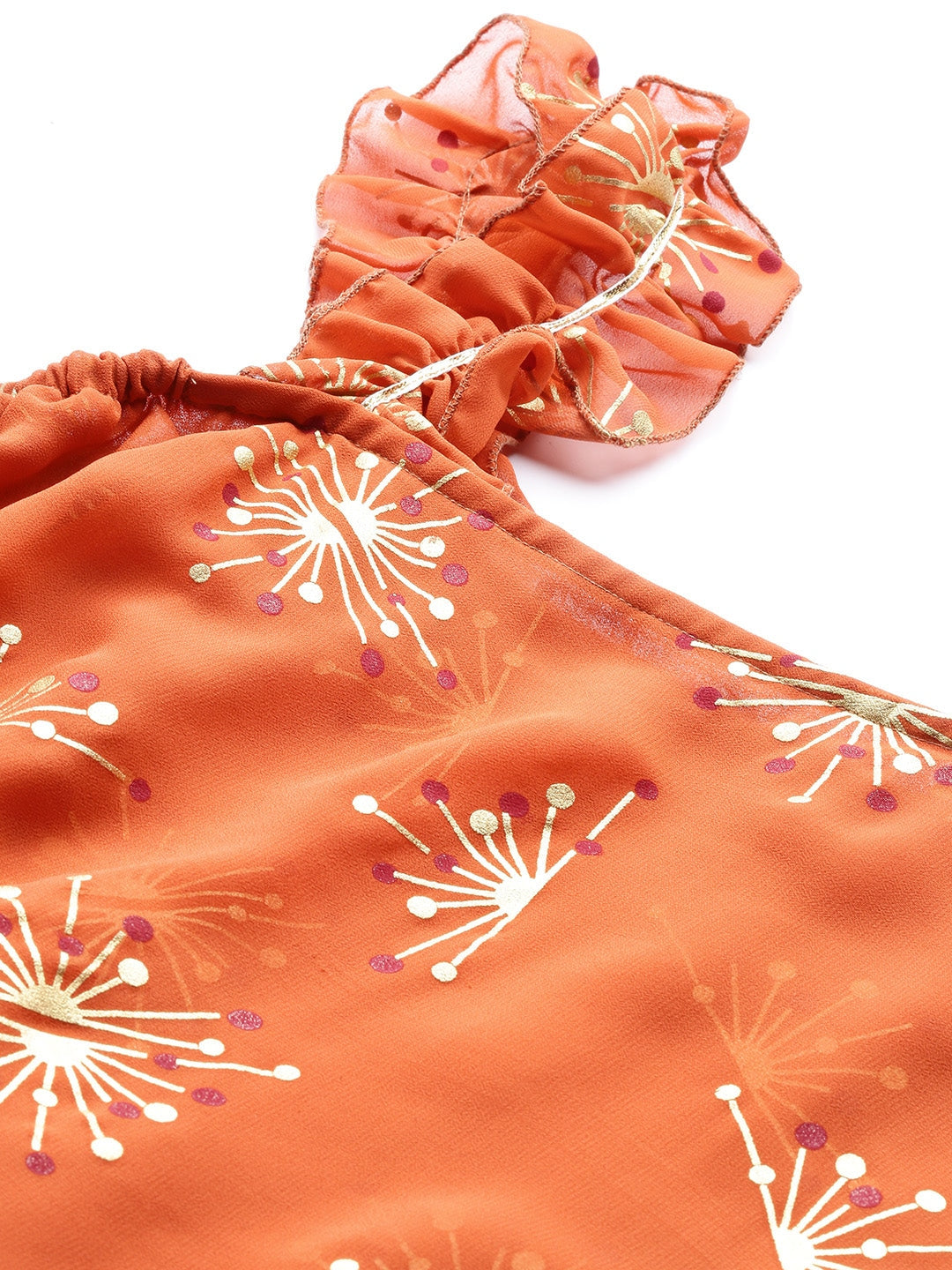 Women's Rust Orange & Golden Printed One Sleeve Asymmetric Layered Tuni