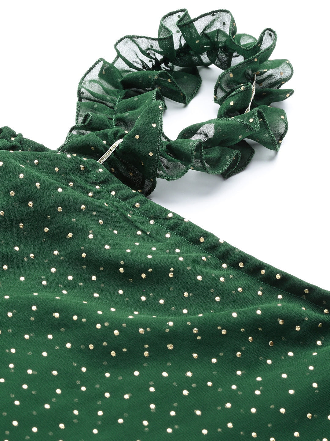 Women's Green & Golden Printed One Sleeve Asymmetric Layered Tuni