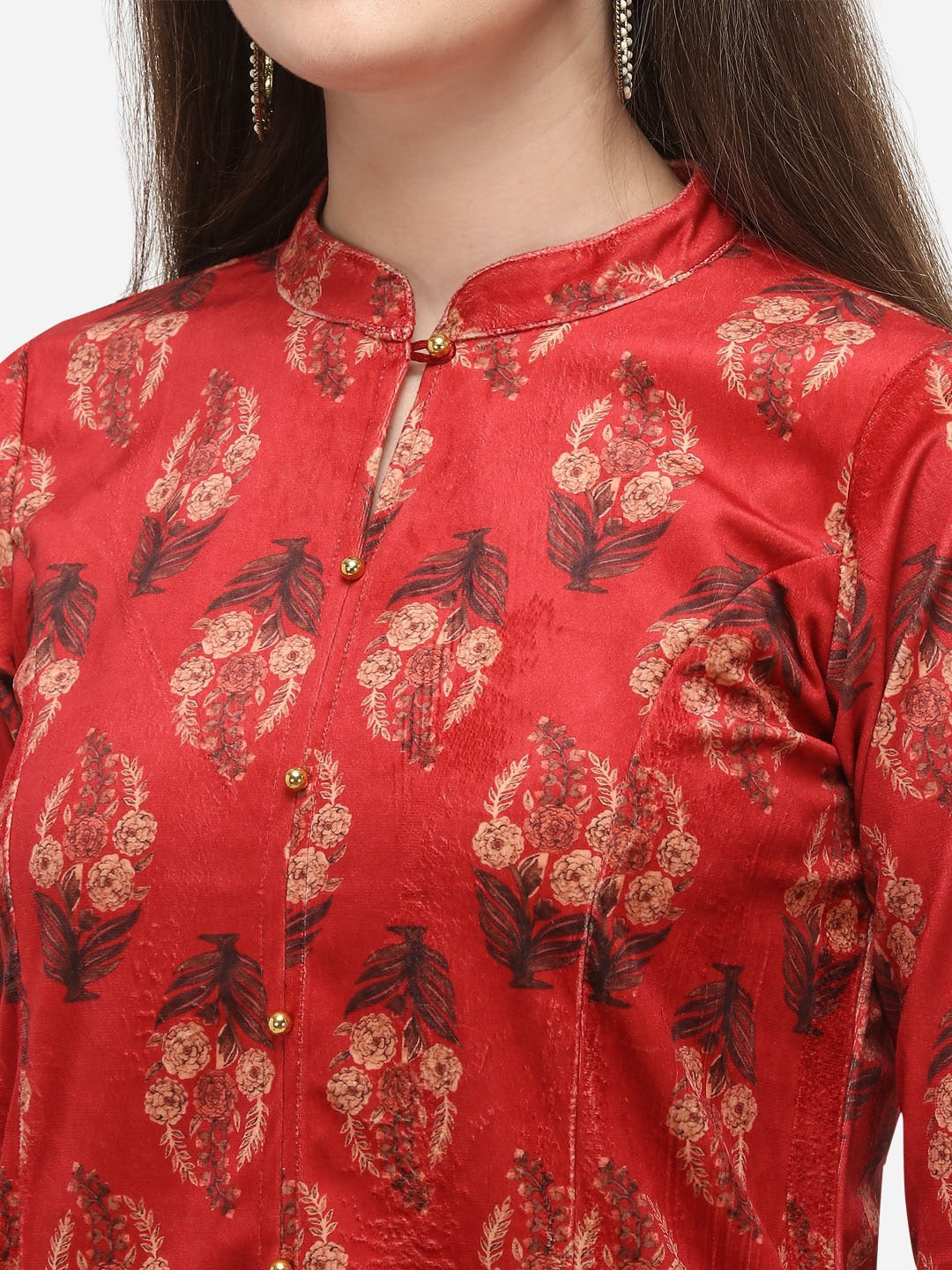Women's Digital Print Red Velvet Kurta With Pan