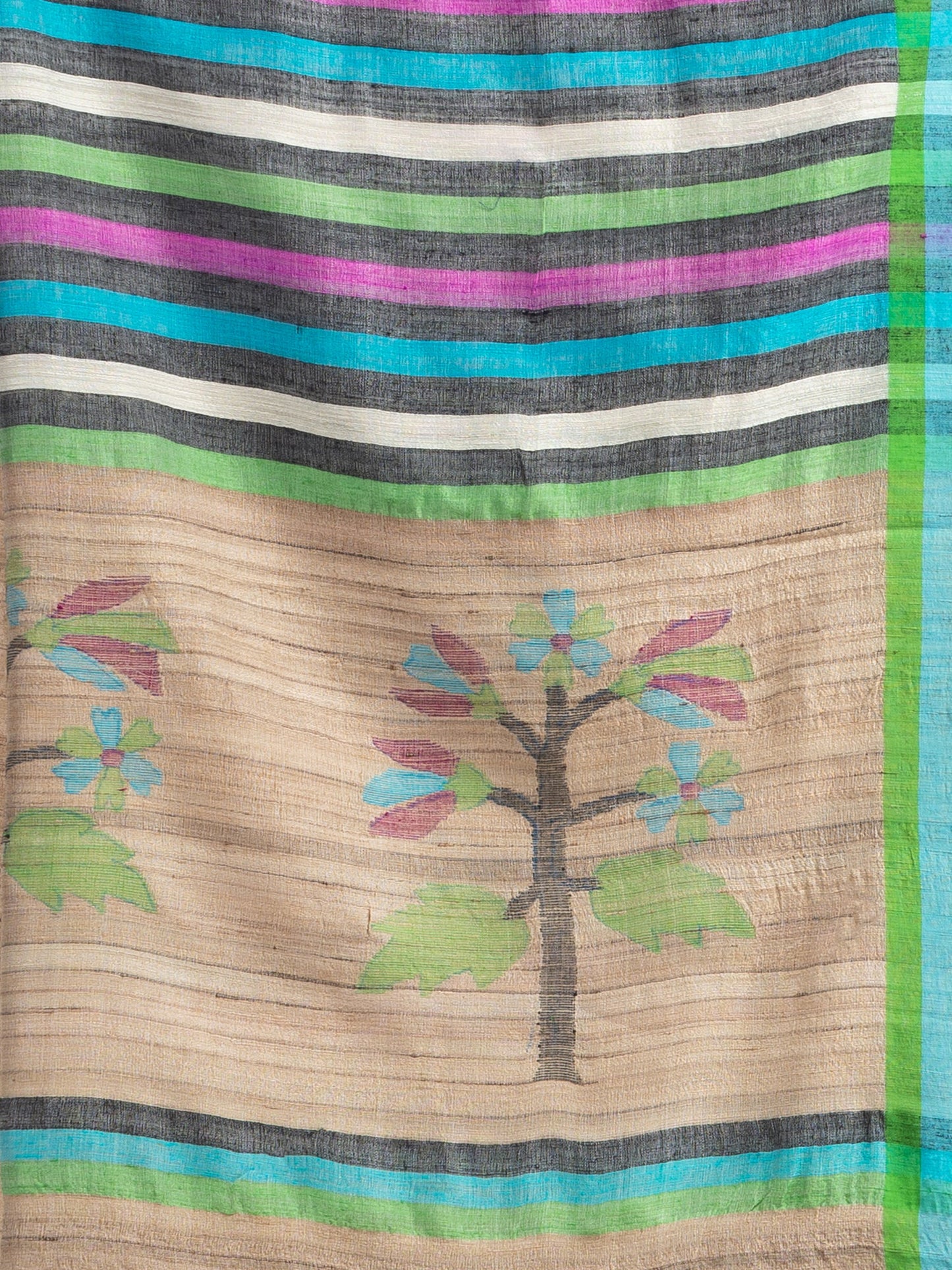 Women's Ghicha multi colour kochi with jamdani pallu in temple border cotton ghicha handwoven saree