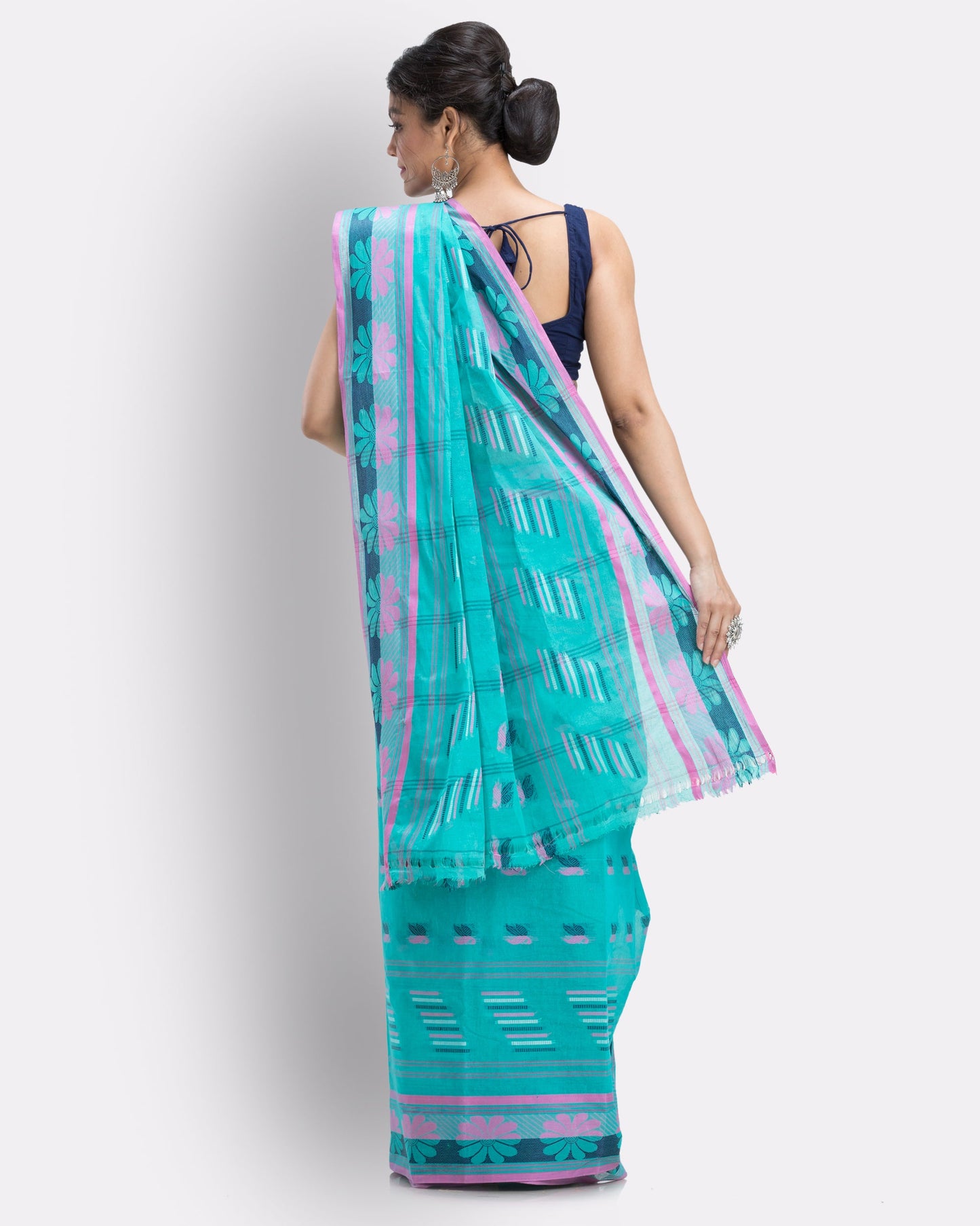 Women's Handwoven, Self Design Tant Cotton Saree (Turquoise)