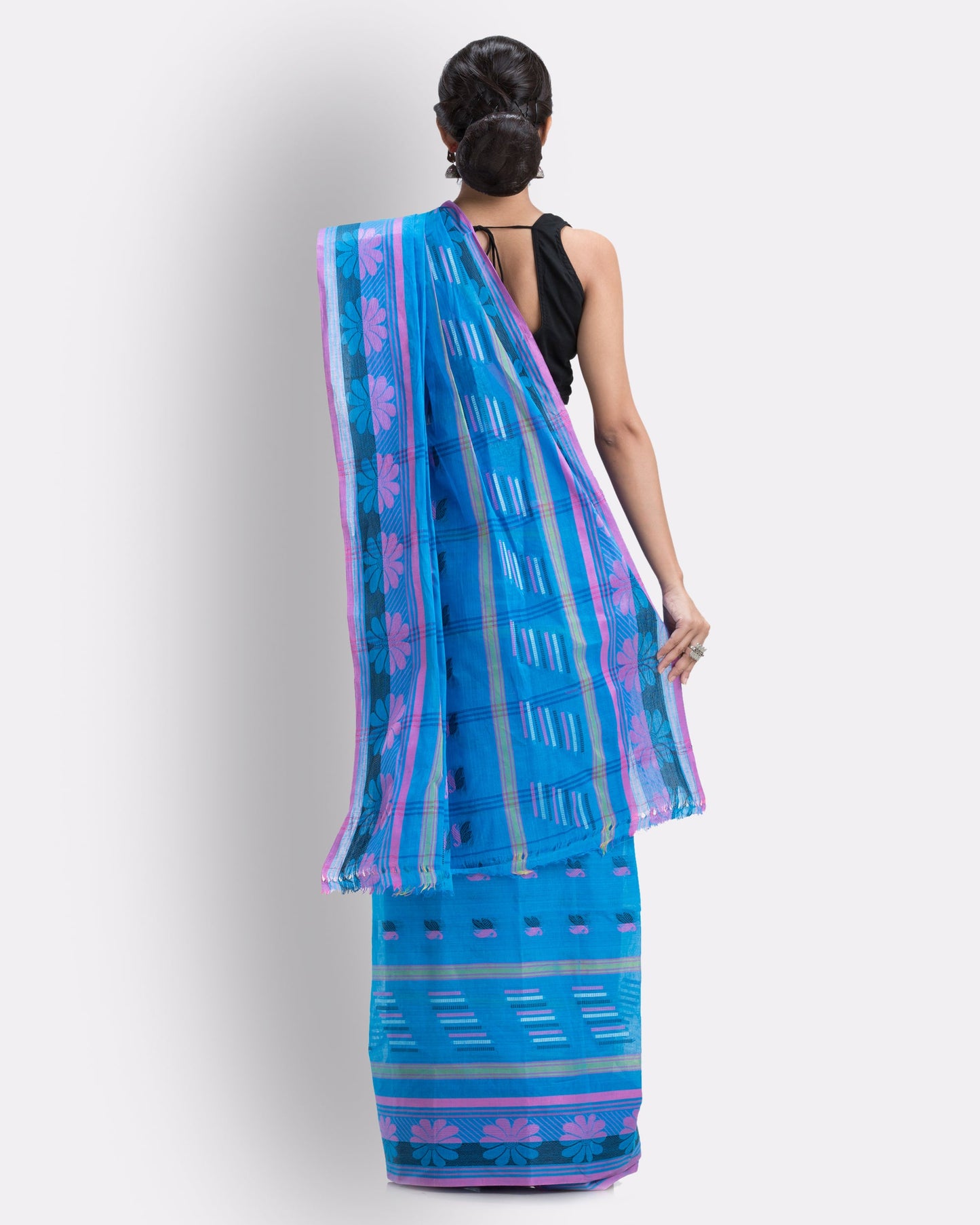 Women's Handwoven, Self Design Tant Cotton Saree (Blue)