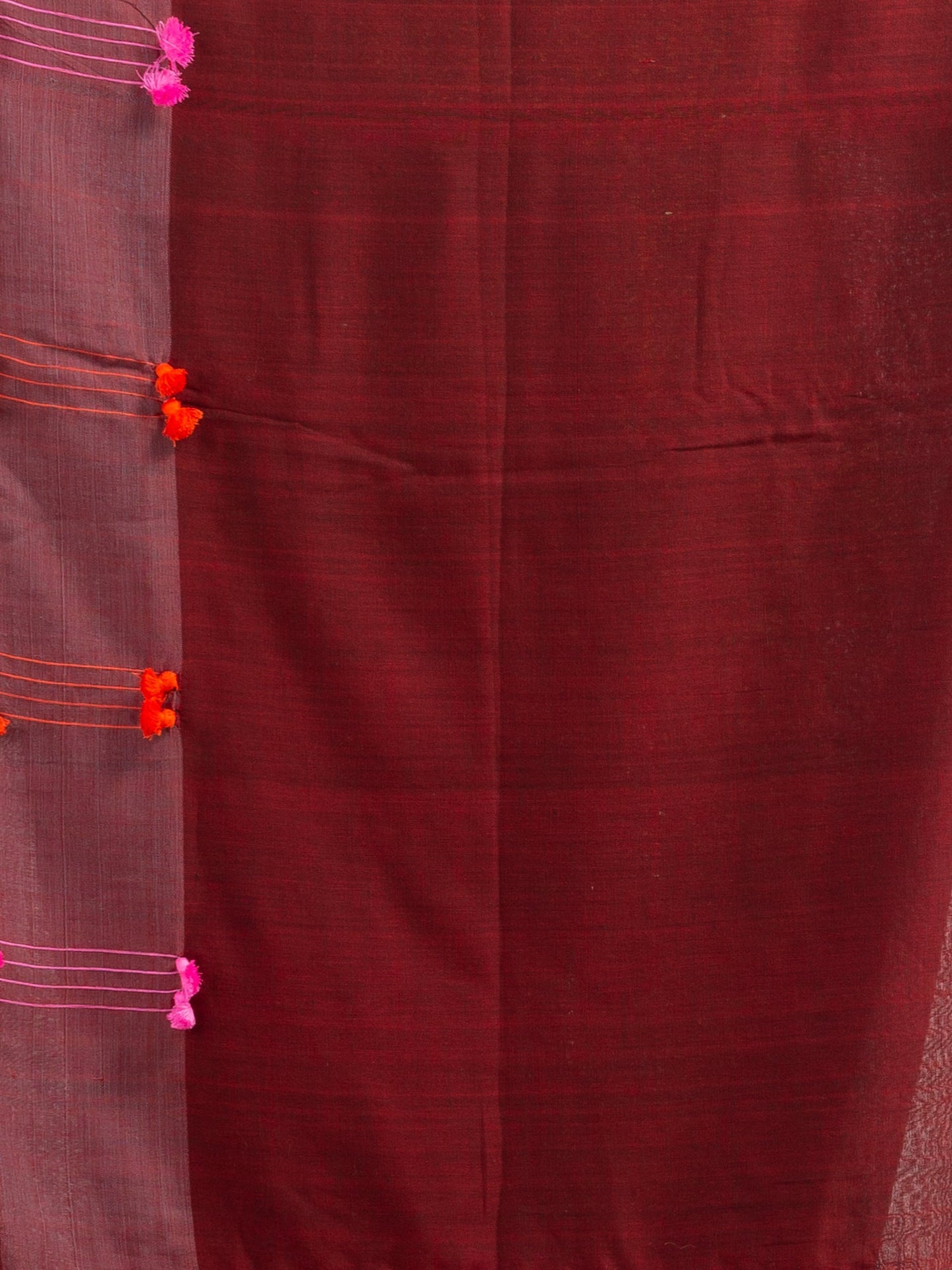 Women's Meroon cotton saree with multi colour thread weave and tassels