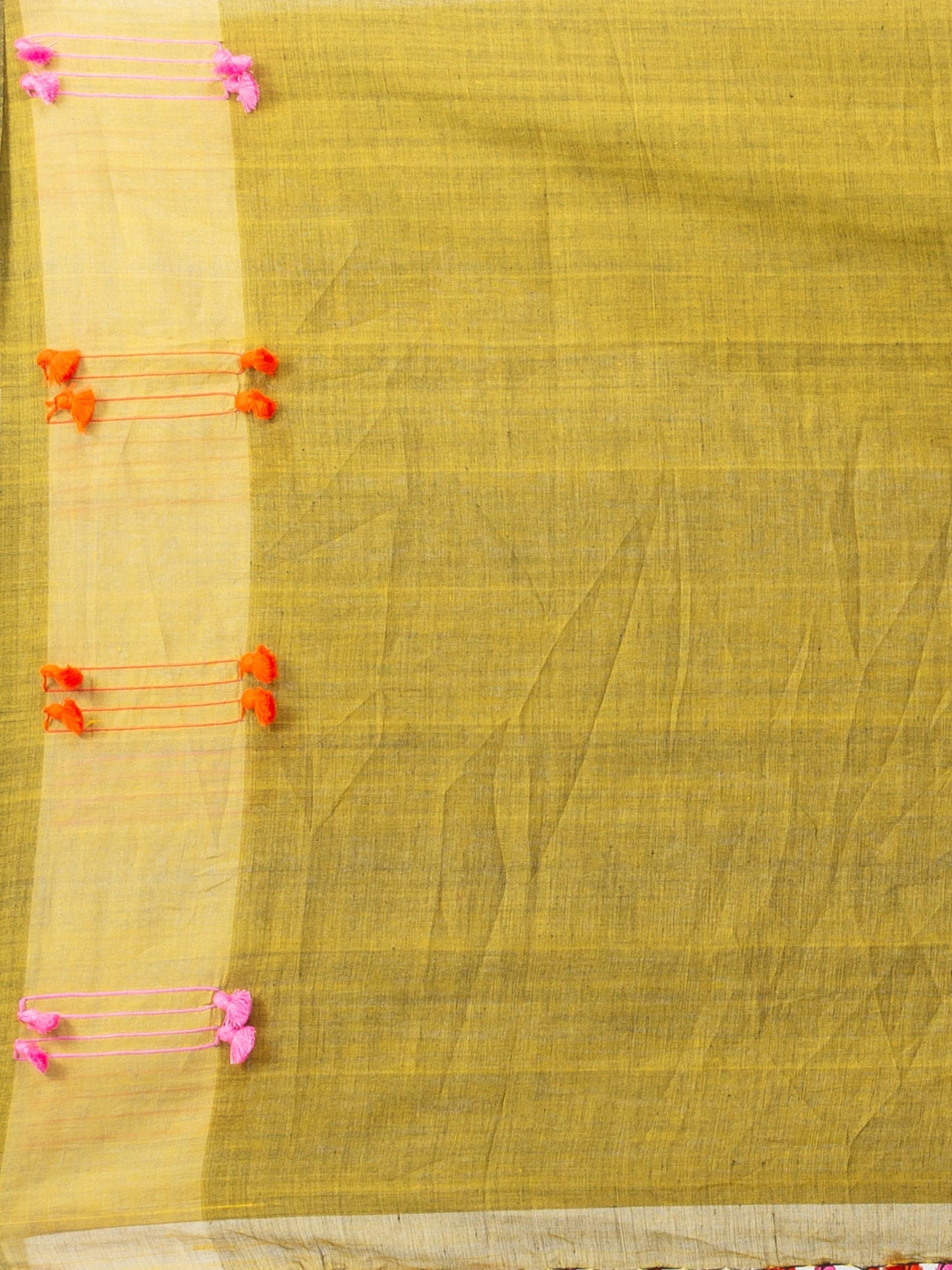 Women's Fern green cotton saree with multi colour thread weave and tassels