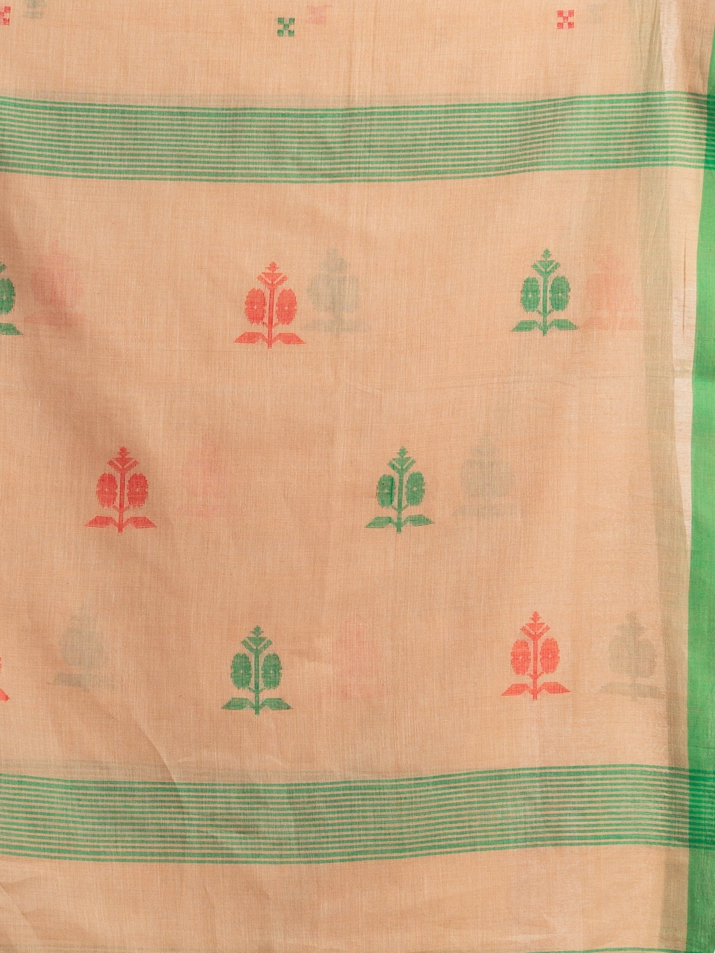 Women's Biscuit all body buti with buti in green border handwoven cotton saree