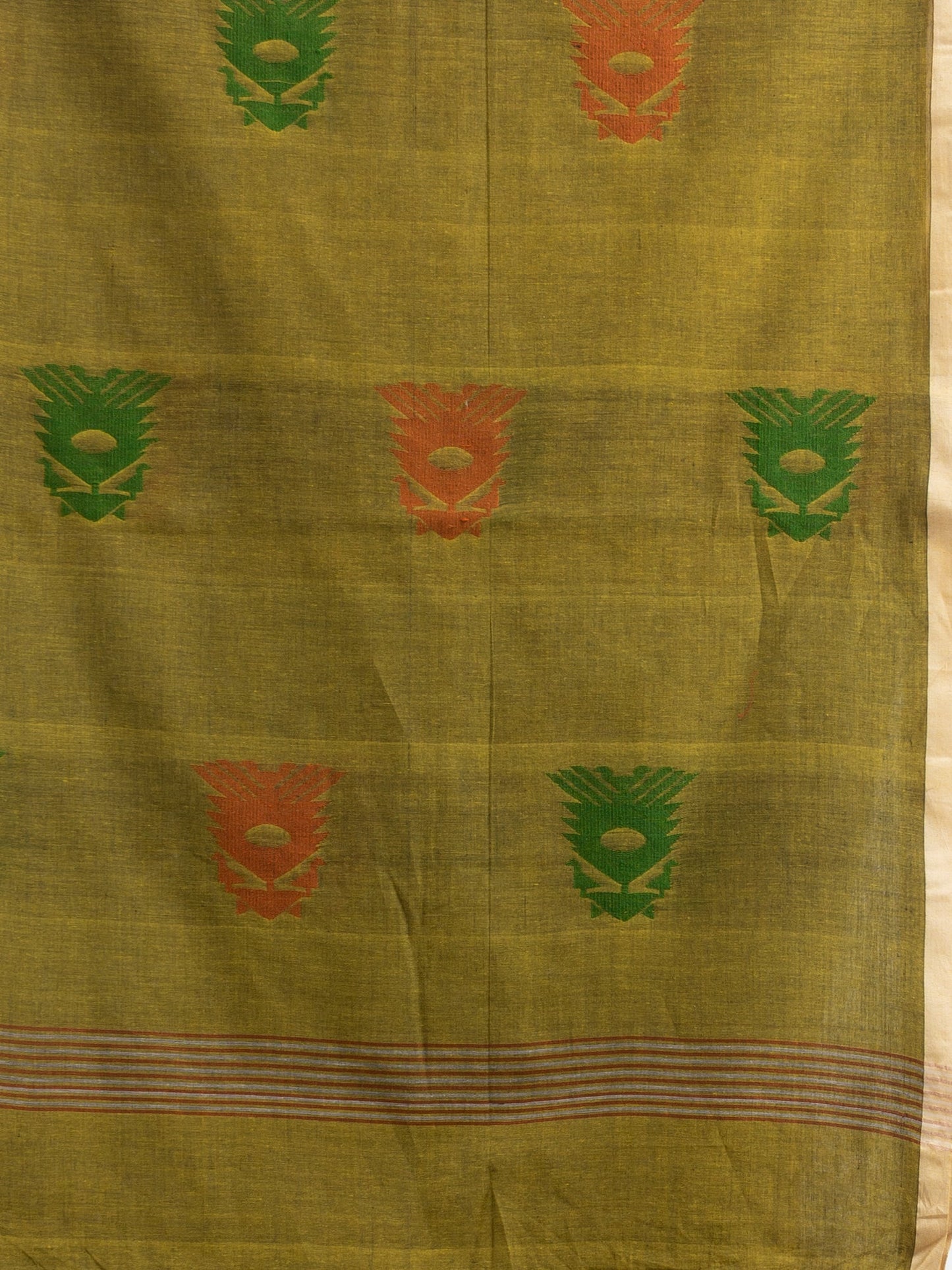 Women's Fern Green all body buti with buti in silver border handwoven cotton saree