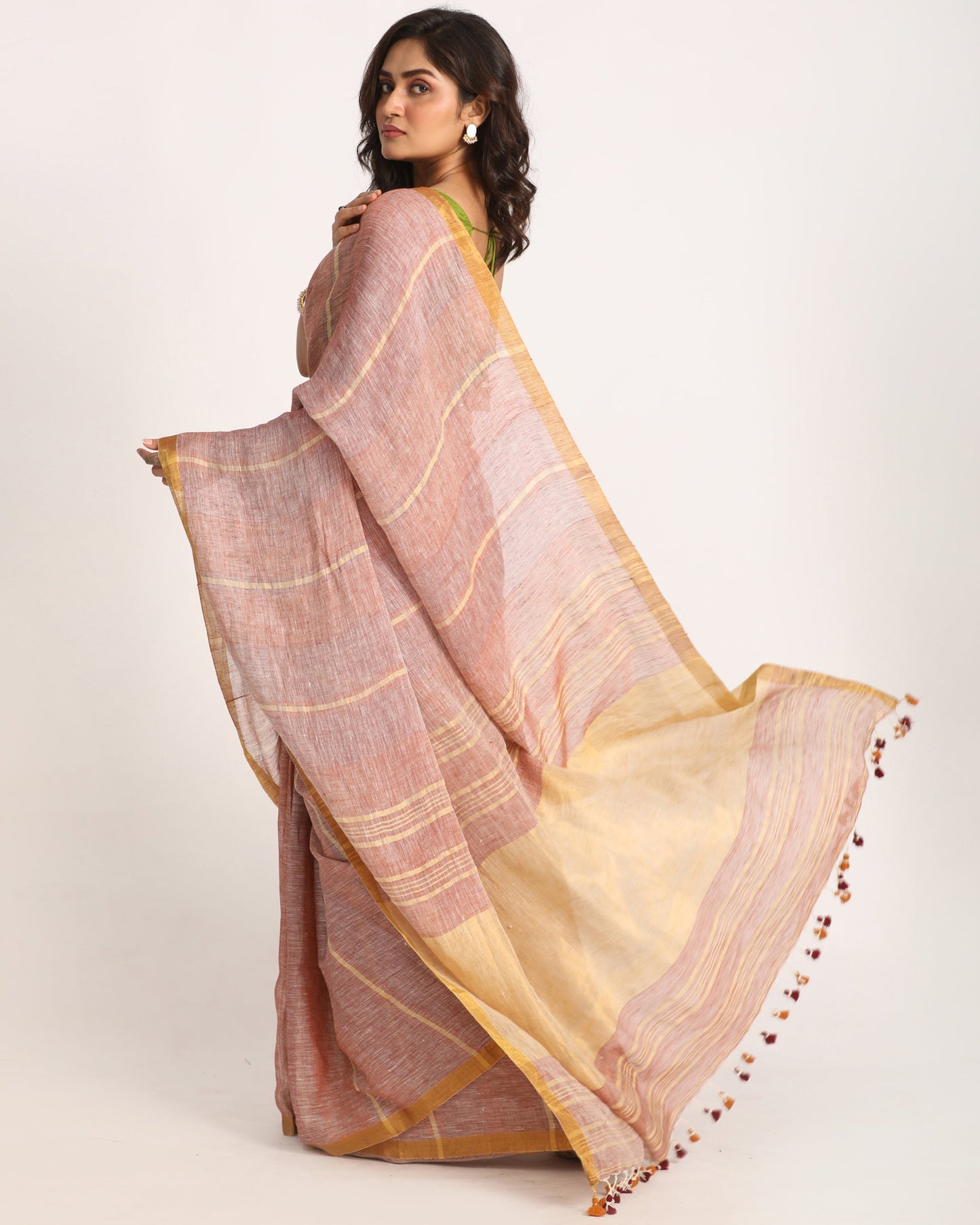Women's Blast Off Bronze Handloom Check Linen Saree