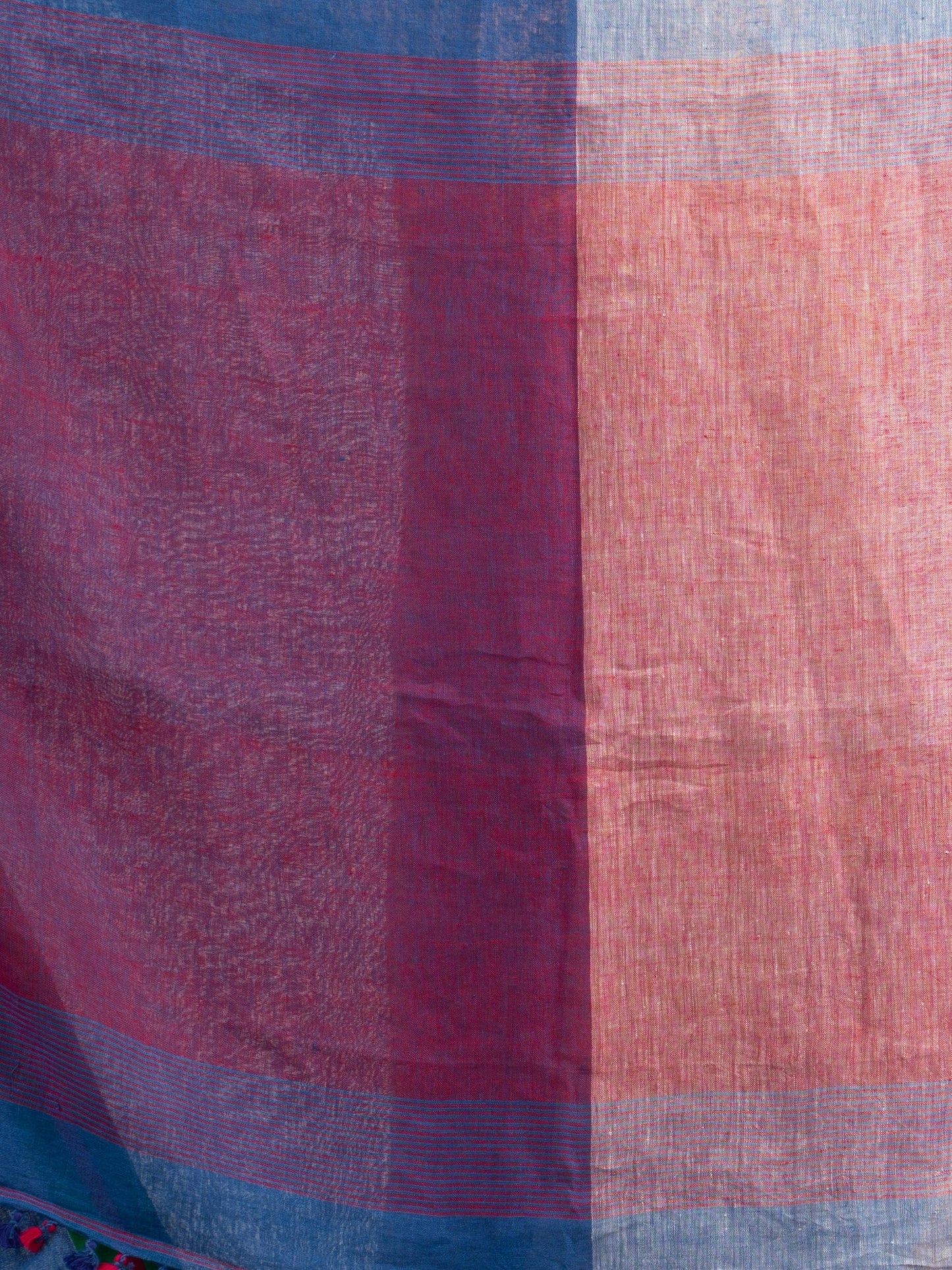 Women's Blue and white half and half red Pallu in multe colour border handwoven linen saree