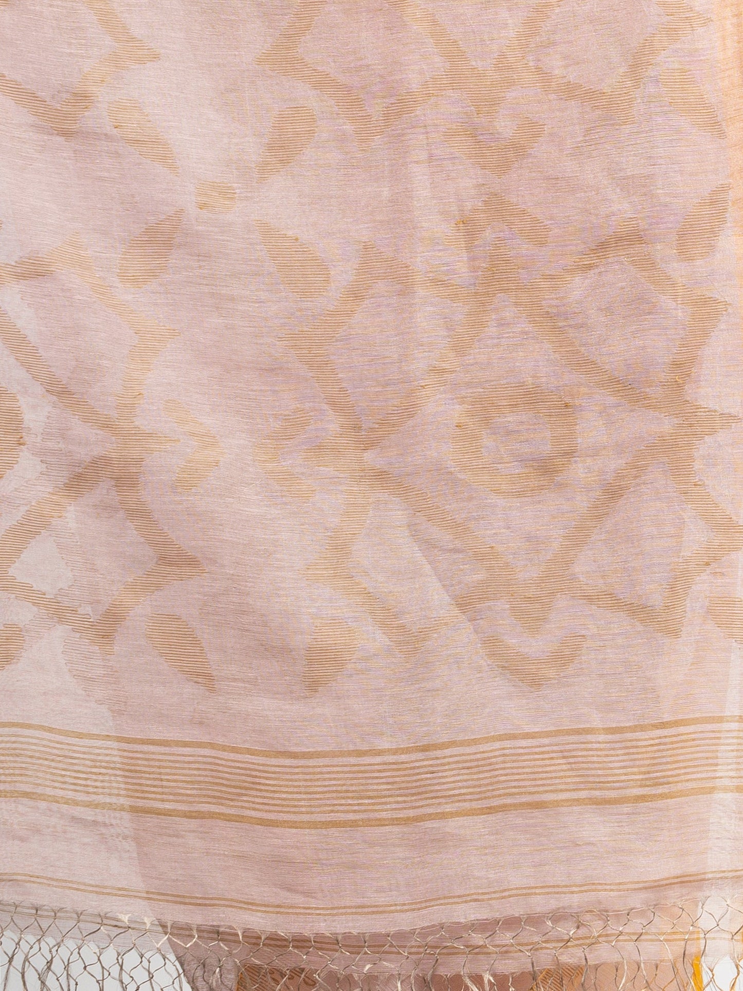 Women's Beige linen tissue pallu jamdanie temple border handwoven saree