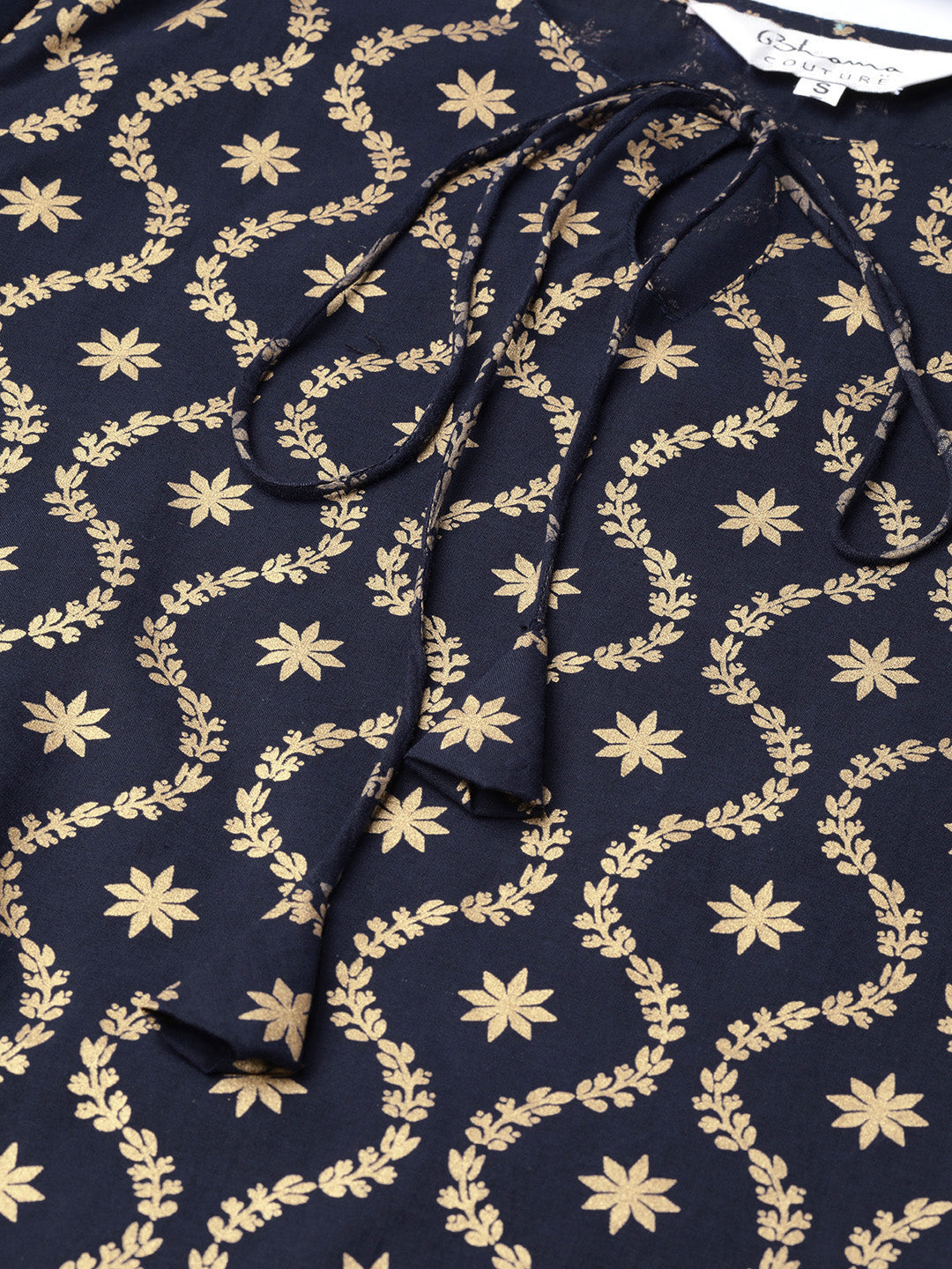 Women's Navy Blue & Golden Block Printed Straight Kurta