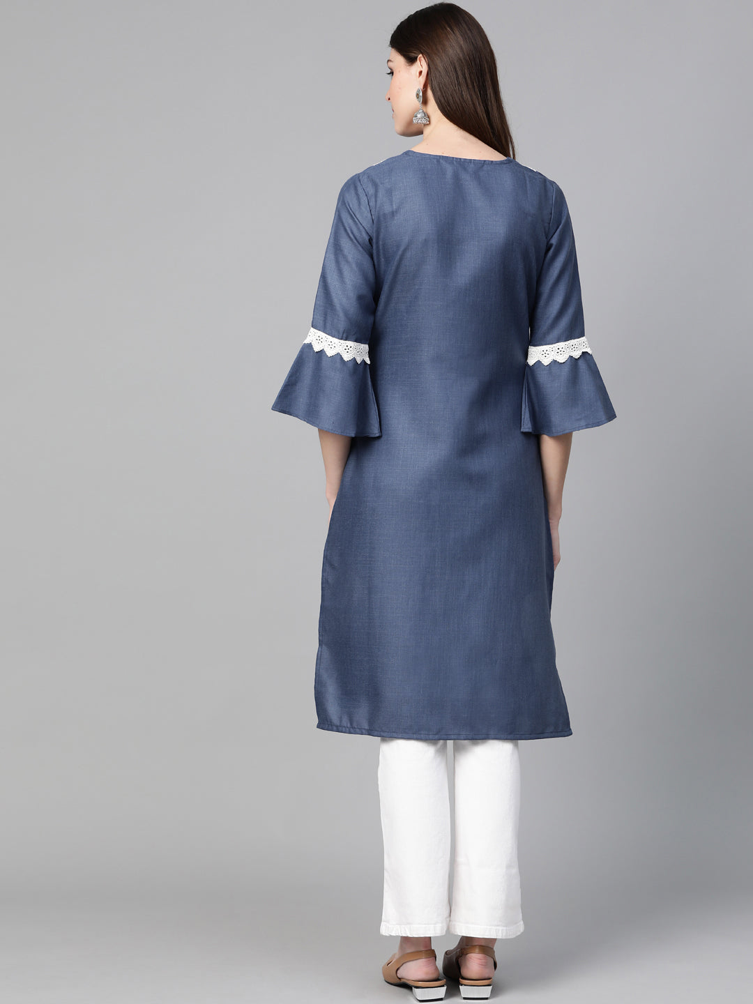 Women's Navy Blue Yoke Design Straight Kurta