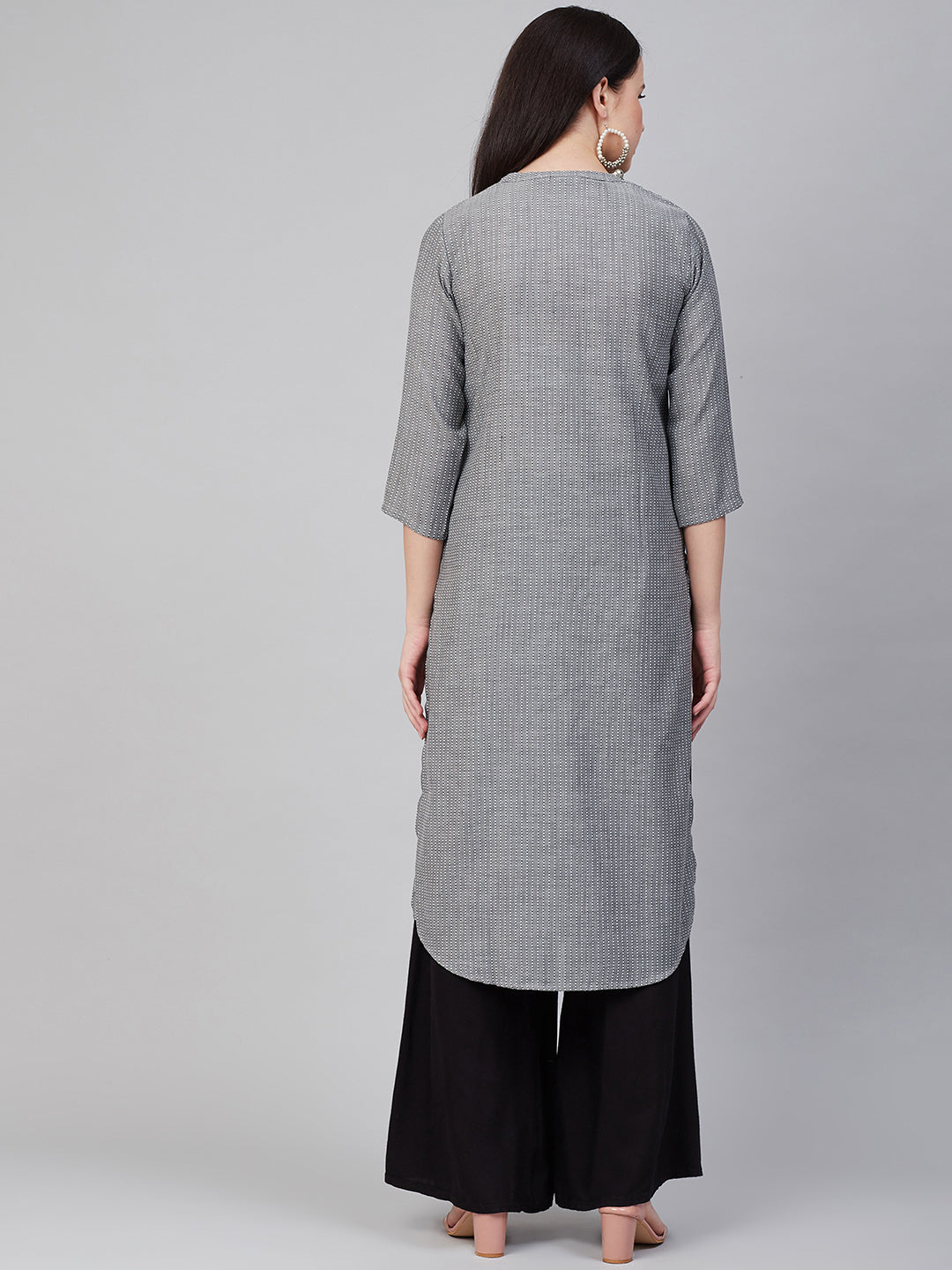 Women's  Charcoal Striped Thread Work Kurta