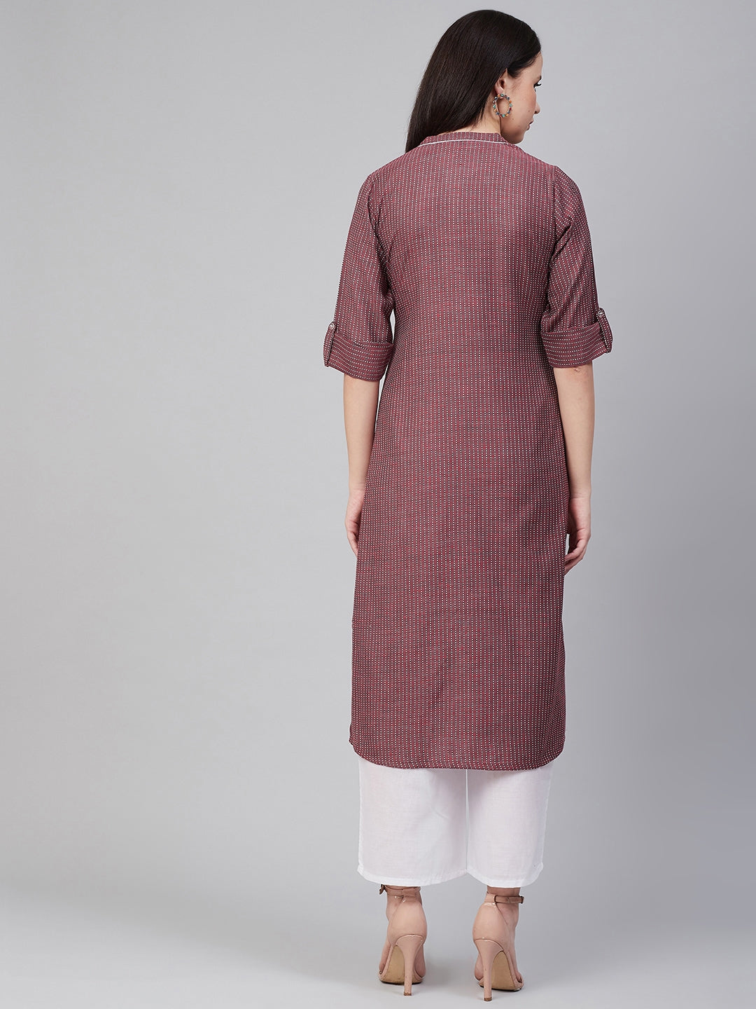 Women's Maroon Striped Thread Work Kurta