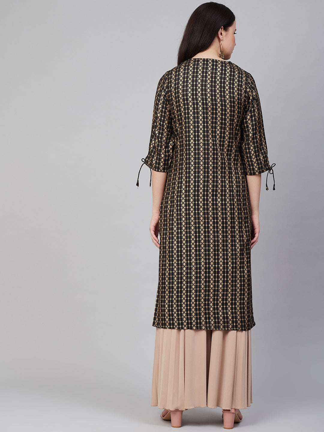 Women's Black & Golden Block Print Straight Kurta