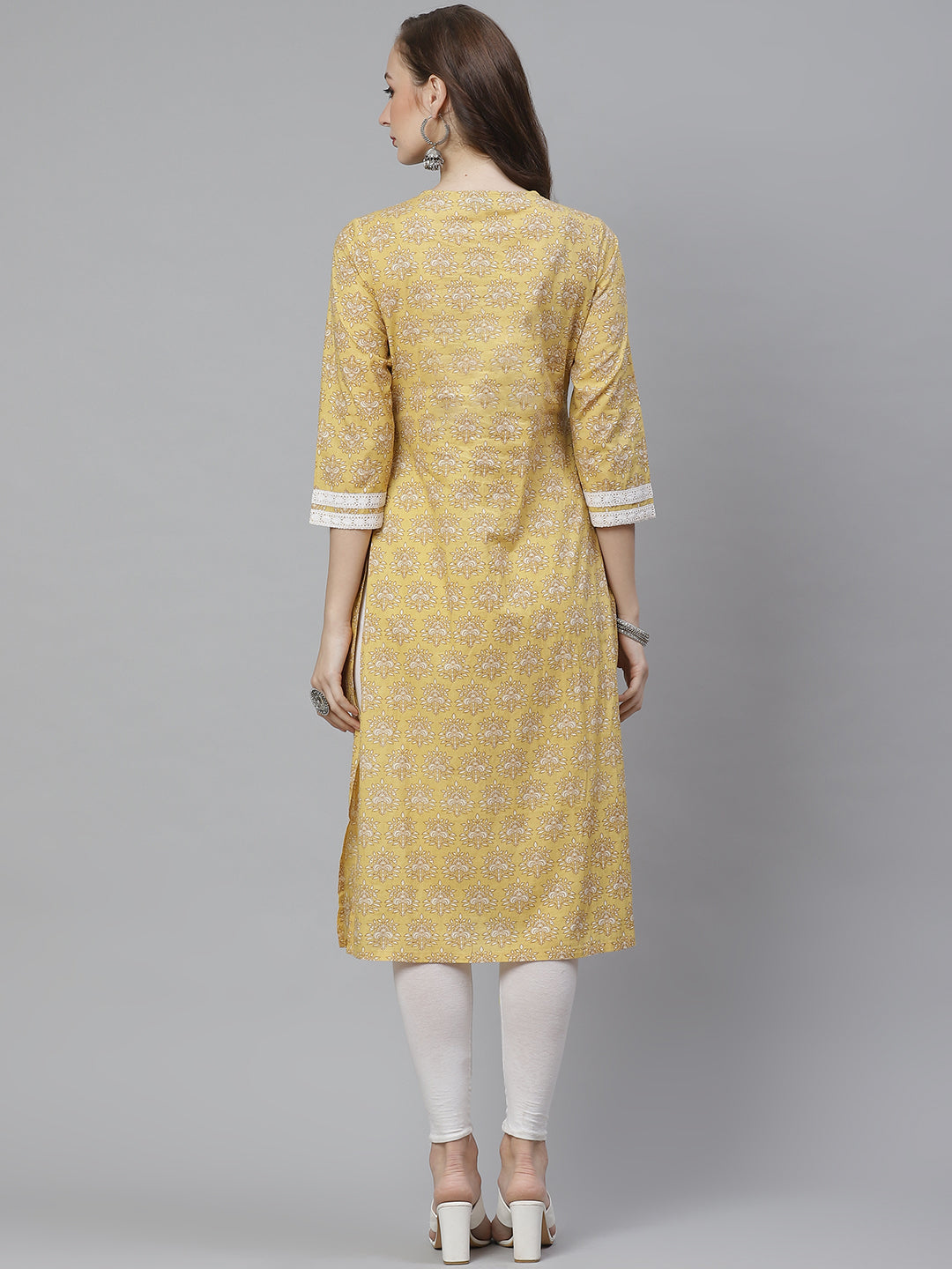 Women's Yellow & Beige Ethnic Print A-Line Kurta