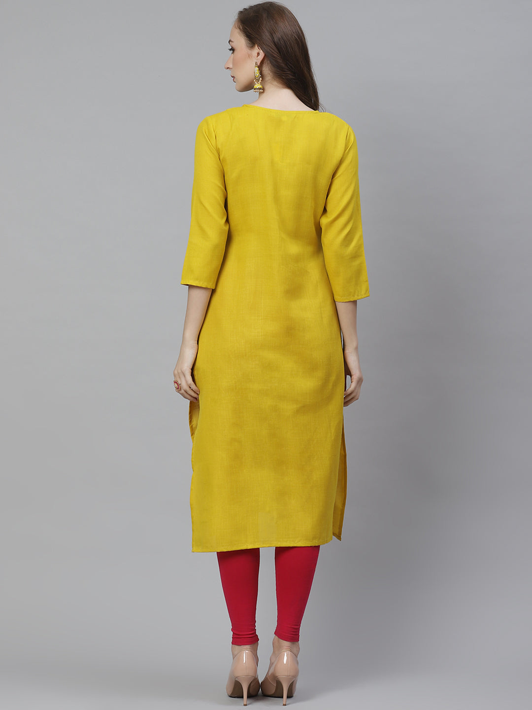 Women's Mustard Yellow Gotta Patti Lace Detailed Yoke Design Straight Kurta