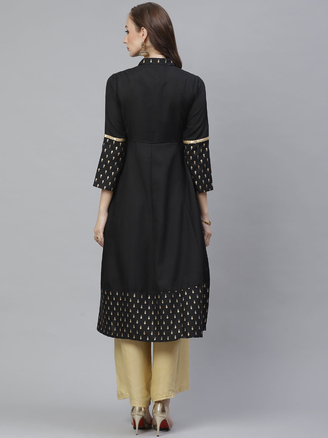 Women's Black & Gold-Toned Ethnic Printed Anarkali Kurta