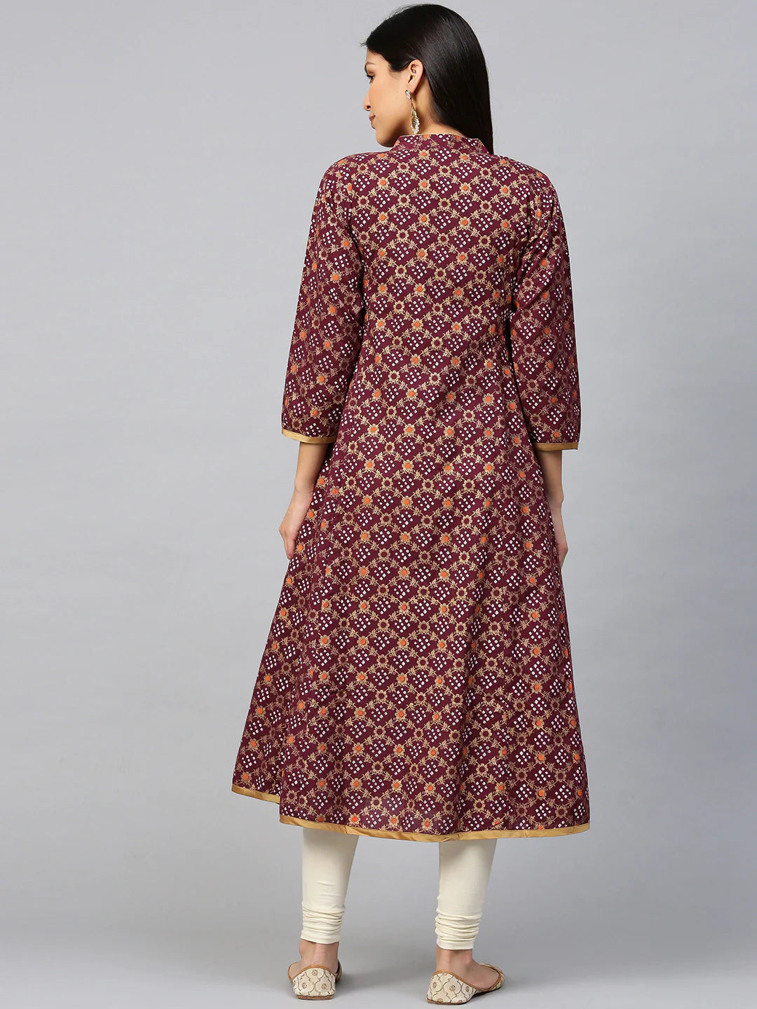 Women's Magenta & Golden Bandhani Printed Anarkali Kurta