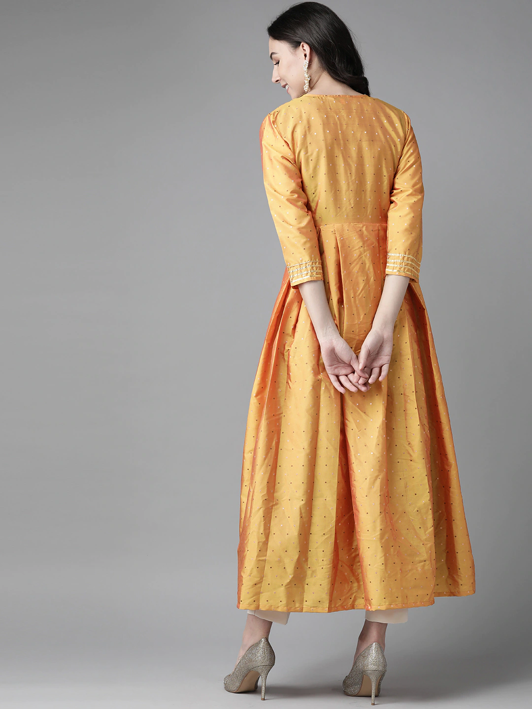 Women's Mustard Yellow & Magenta Woven Design Layered A-Line Kurta