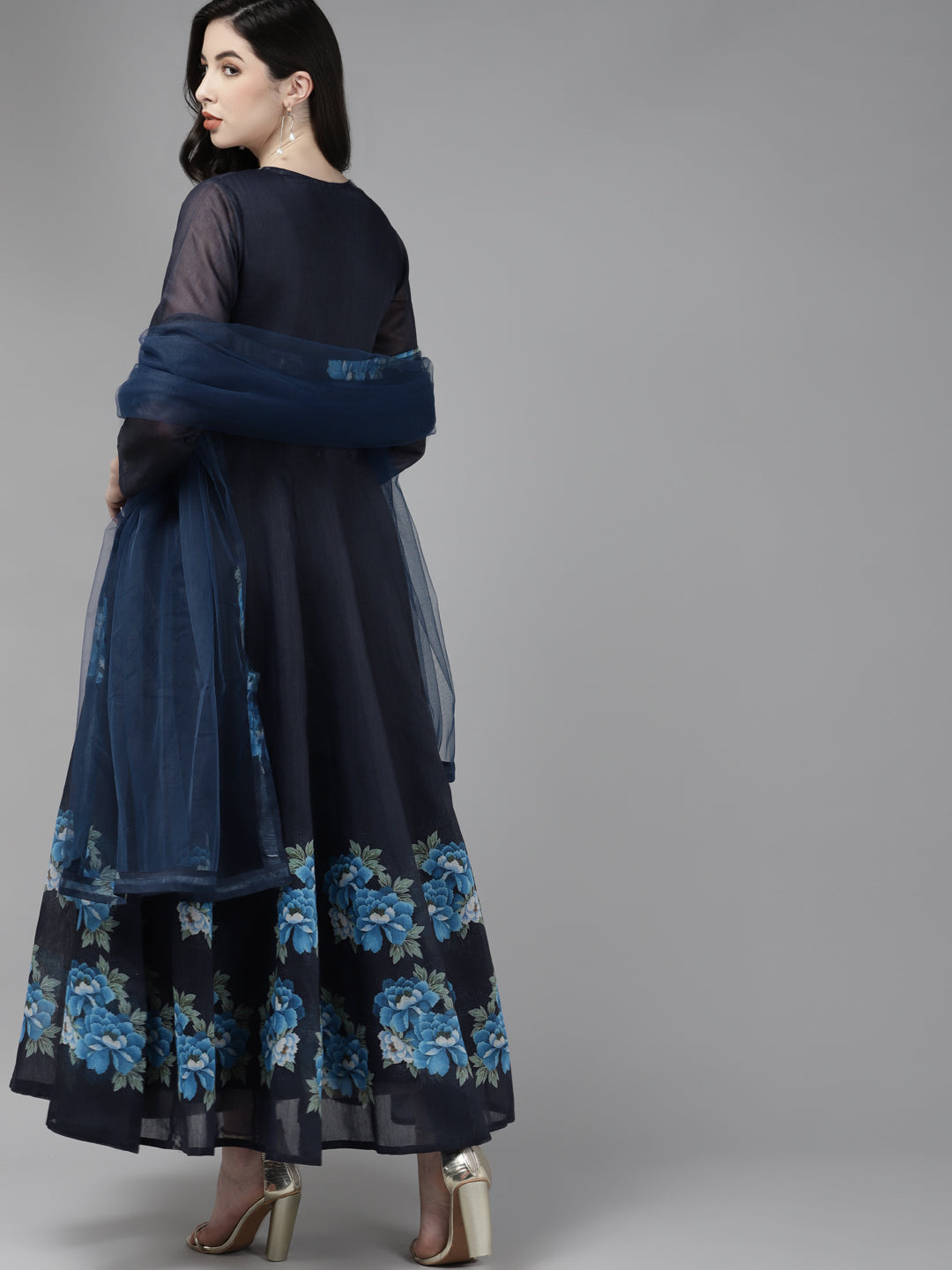 Women's Navy Blue Floral Printed Chanderi Silk Anarkali Kurta With Dupatta
