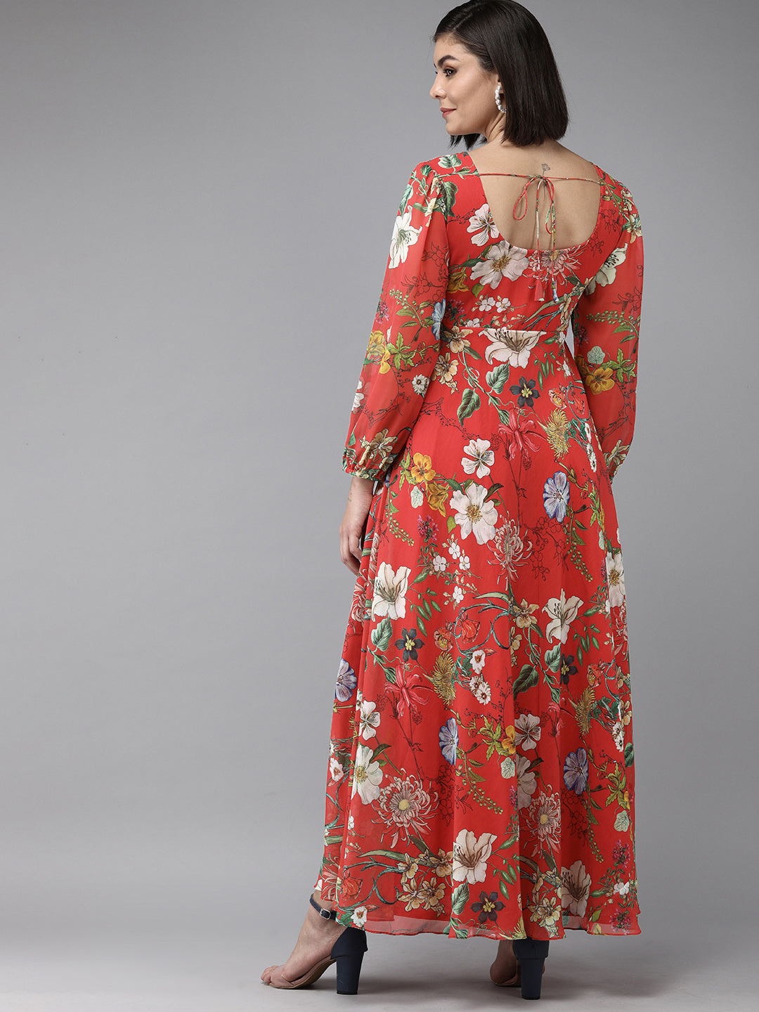 Women's Red Floral Geogette Maxi Dress