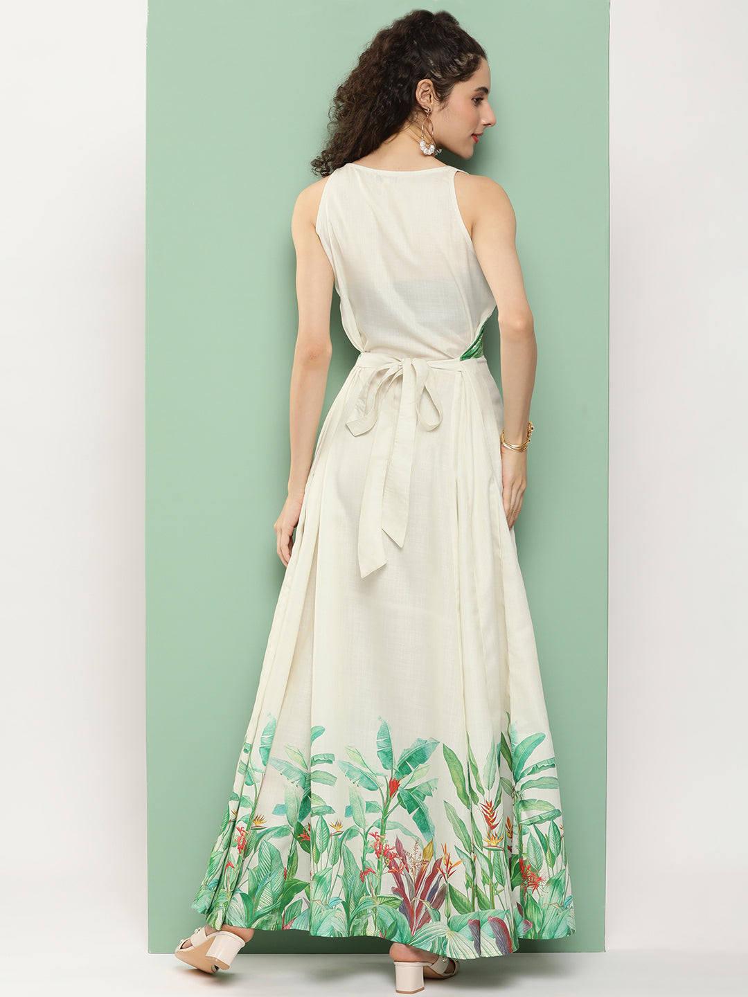 Women's Beige Printed Long Dress With Waist Belt