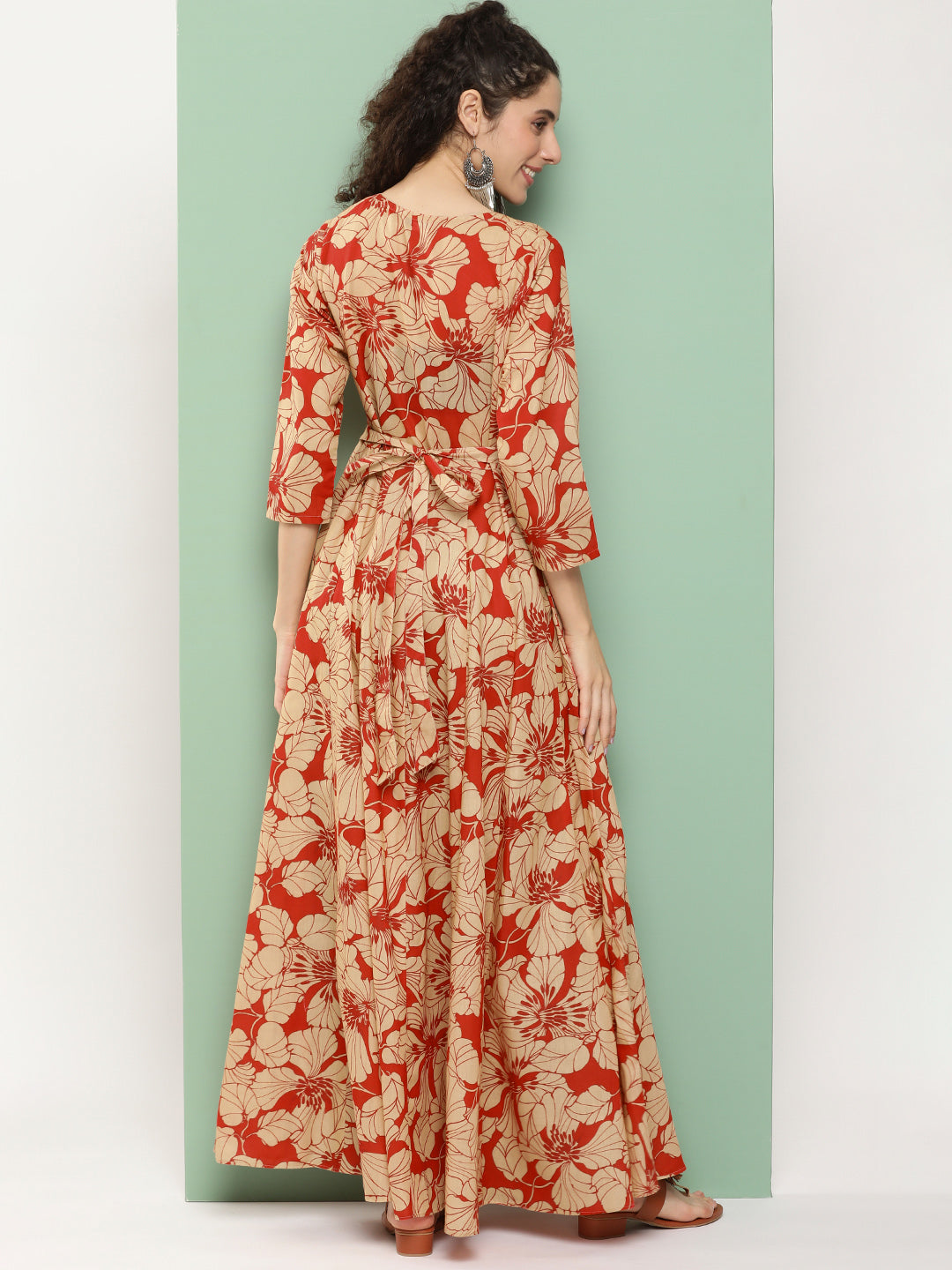 Women's Red Printed Long Dress With Waist Belt