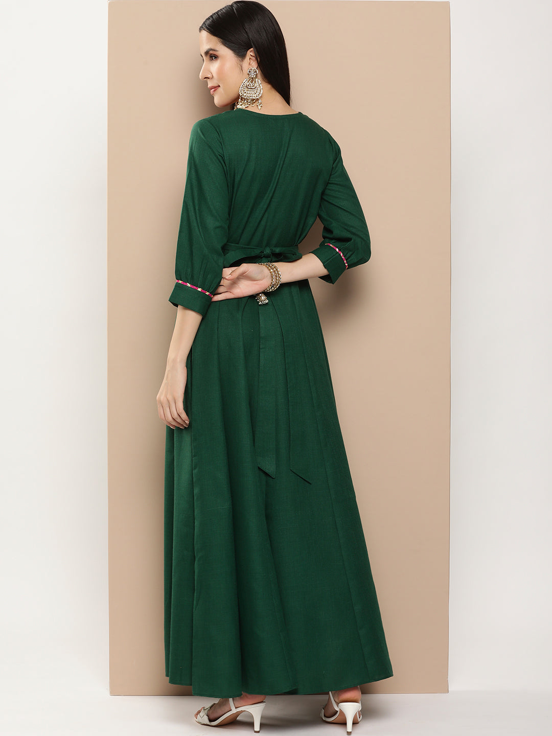 Women's Green Embroidered Long Dress With Waist Belt