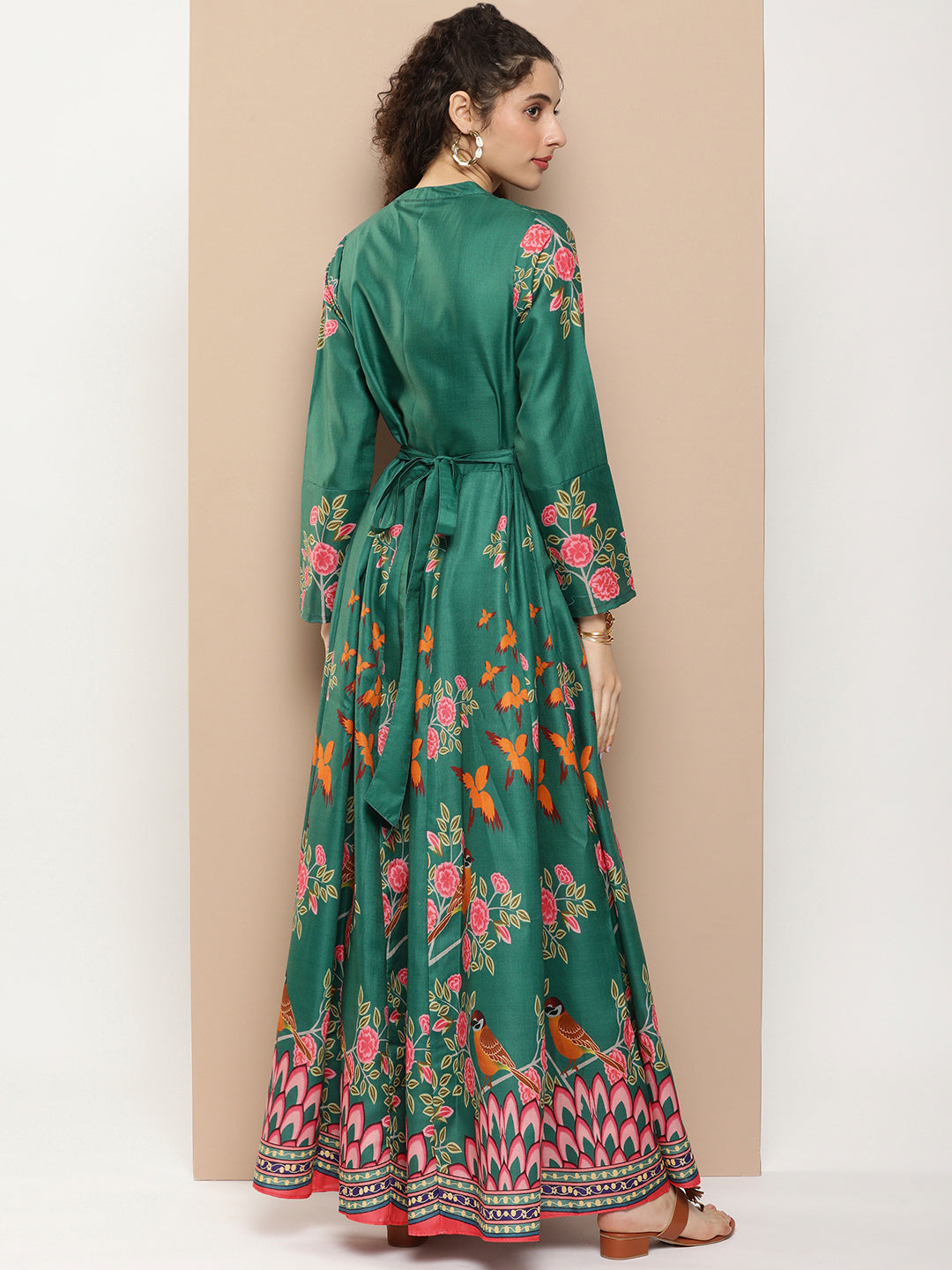 Women's Green Printed Long Dress With Waist Belt