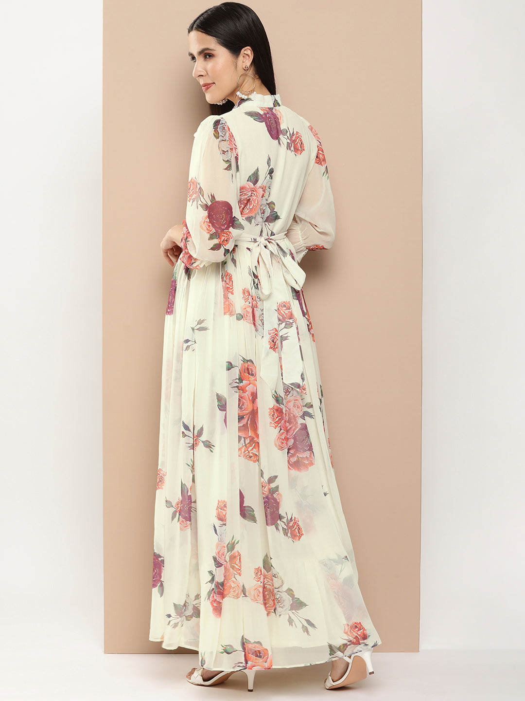 Women's Off White Printed Long Dress With Waist Belt