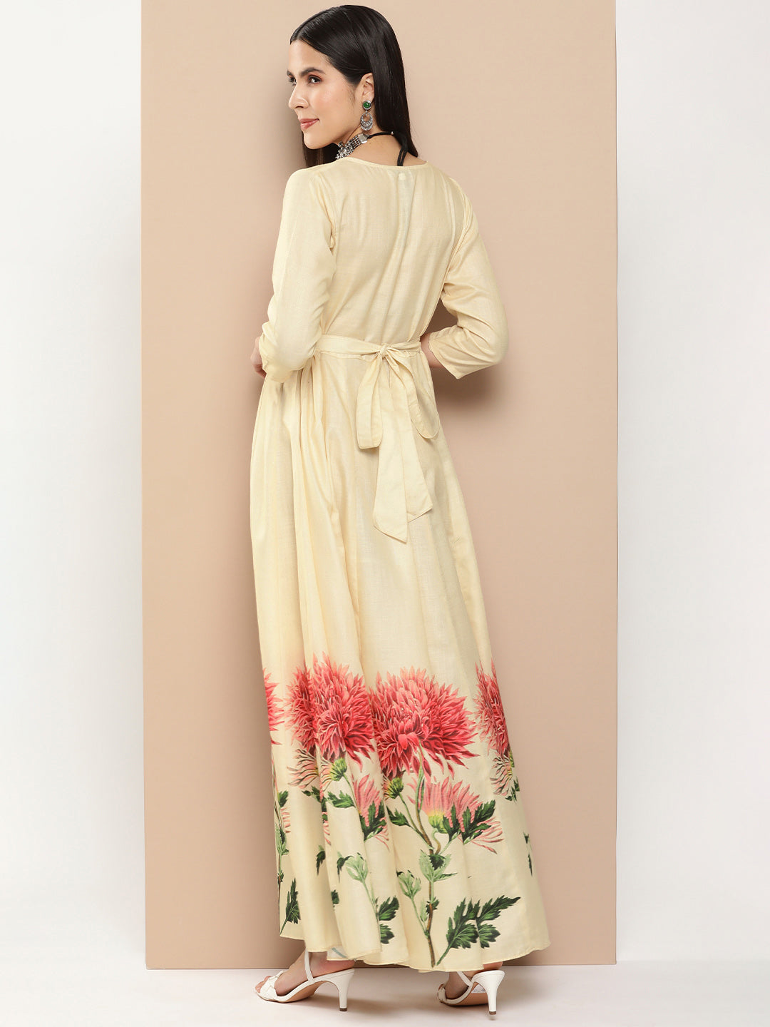 Women's Beige Printed Long Dress With Waist Belt