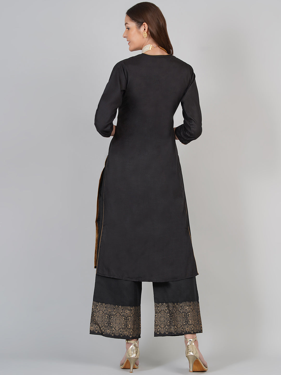 Women's Black And Beige Printed Kurta With Palazzos