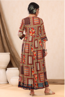 Women's Beige Rayon Printed Flared Dress