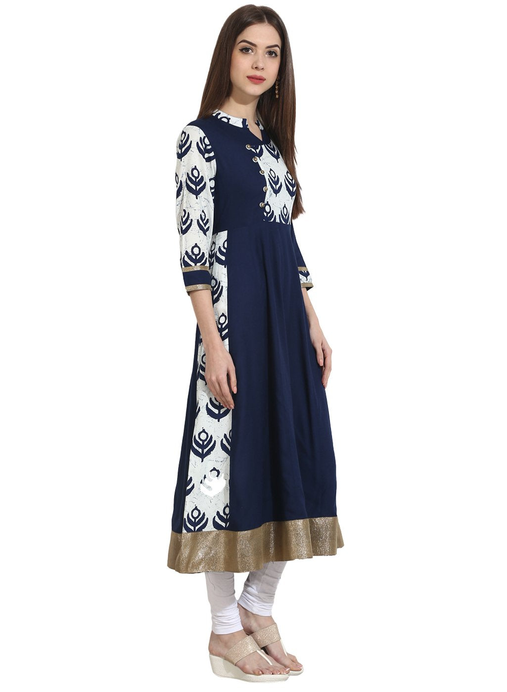 Women's Navy Blue With Printed Yoke 3/4Th Sleeve Cotton Anarkali