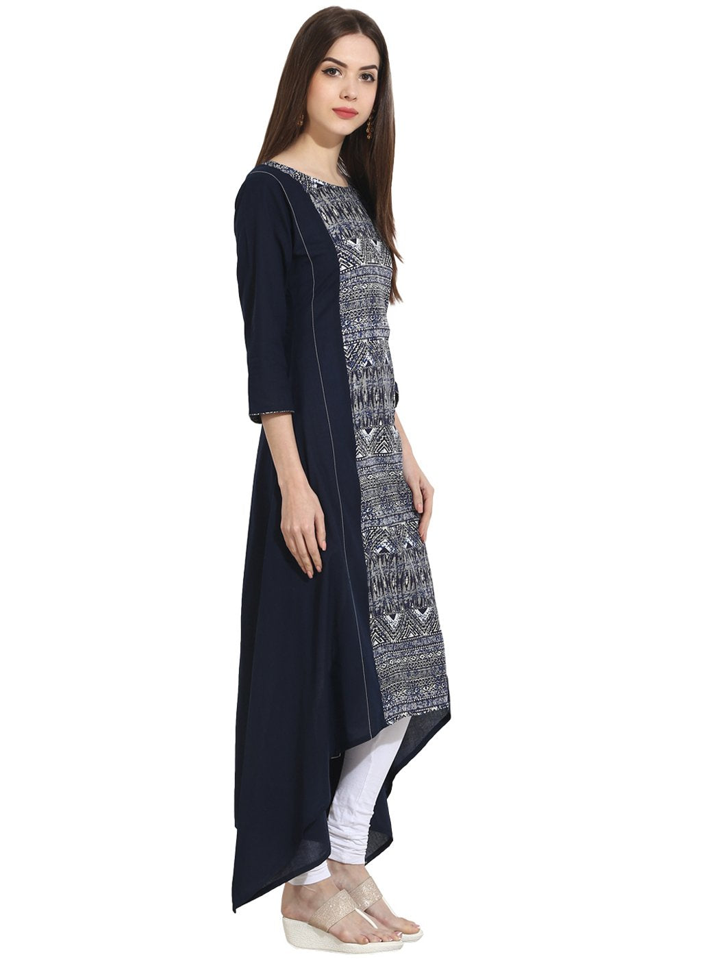 Women's Blue 3/4Th Sleeve Rayon Assymetrical Kurta