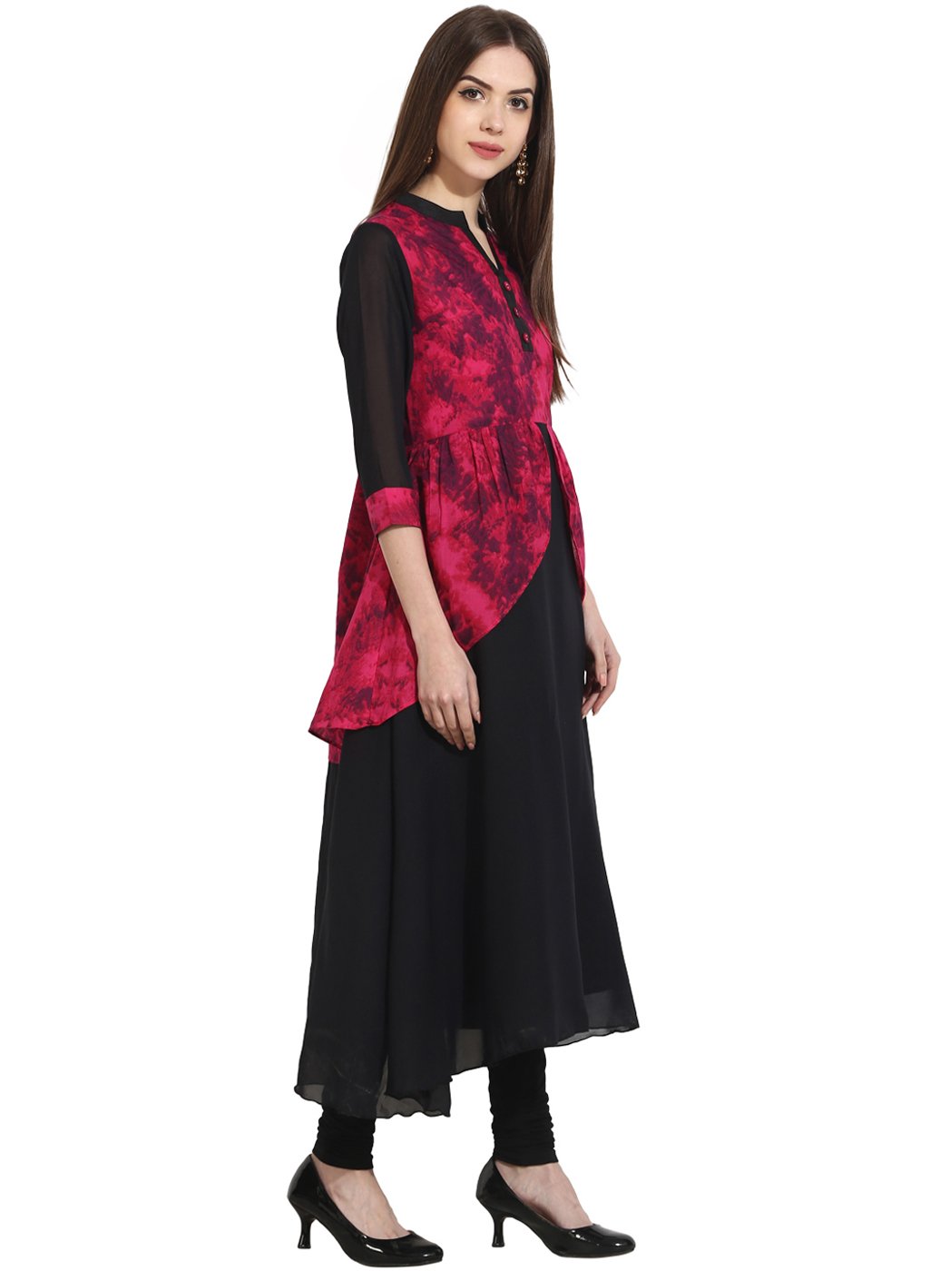 Women's Black 3/4Th Sleeve Georgette Anarkali Kurta With Printed Yoke