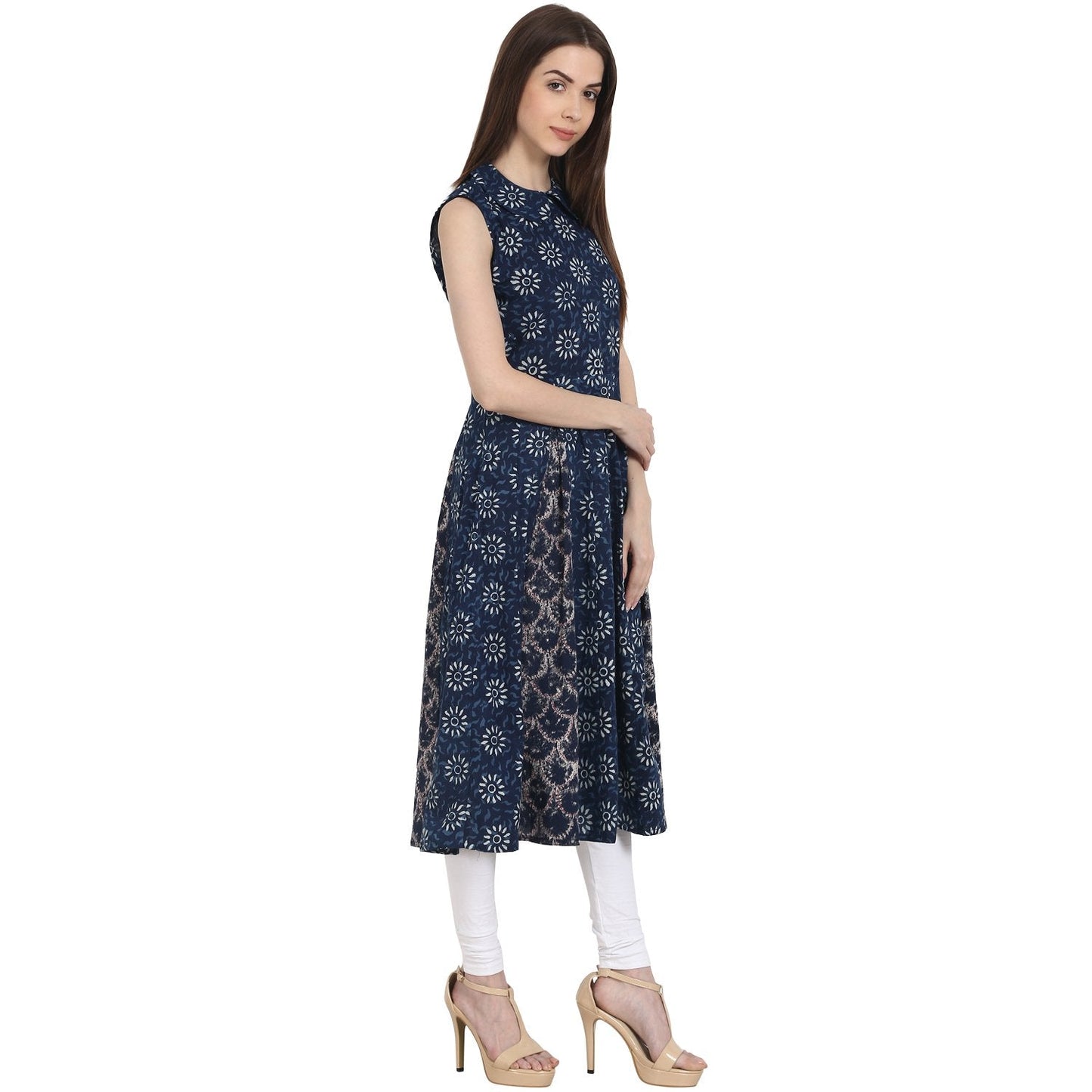 Women's Blue Printed Sleevless A-Line Kurta