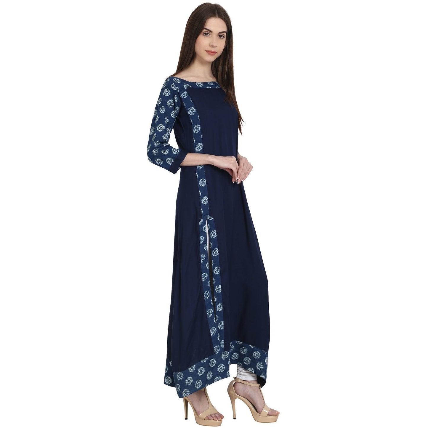 Women's Navy Blue 3/4 Sleeve Cotton Slub Long Kurta