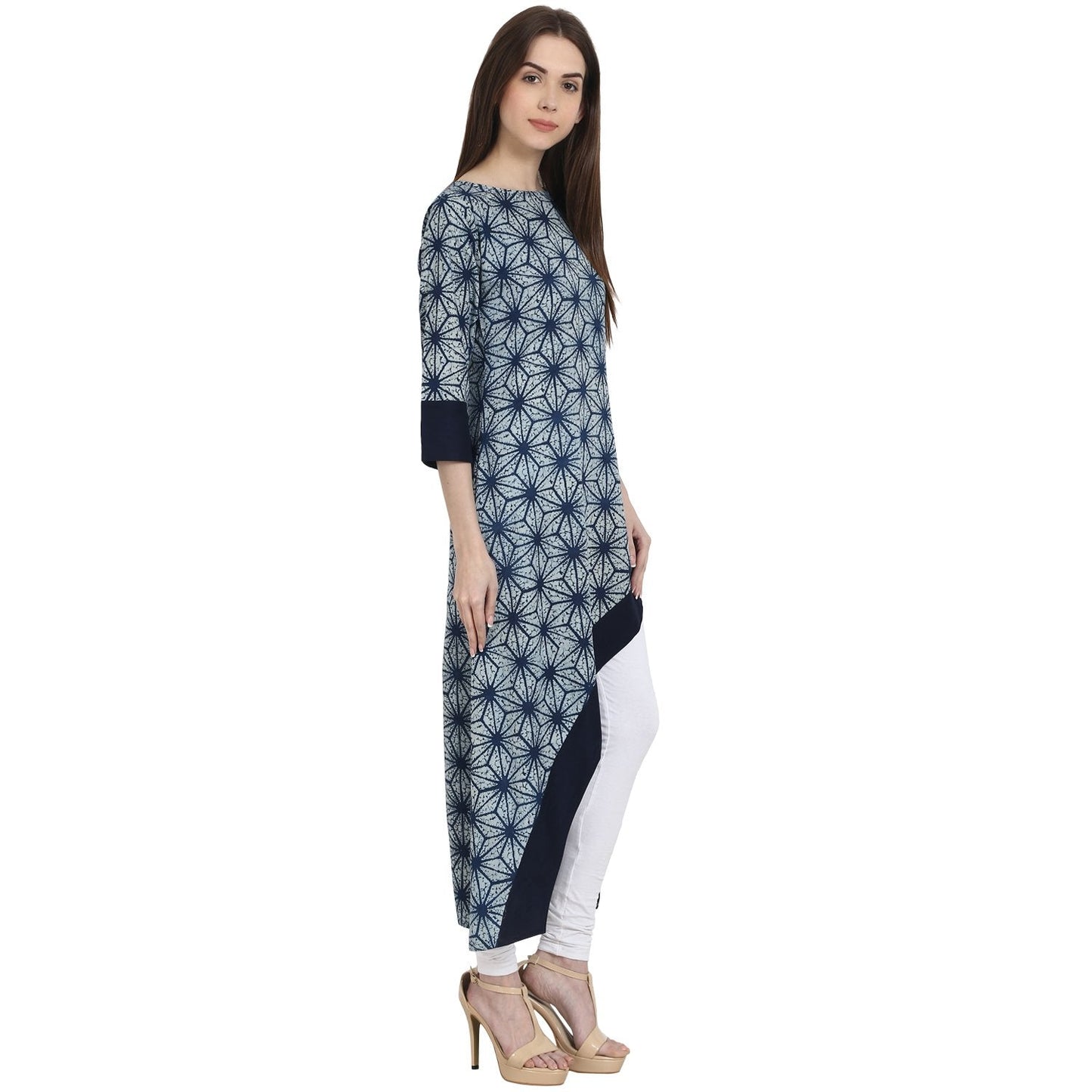 Women's Blue Printed 3/4 Sleeve Assymetrical Cotton Kurta