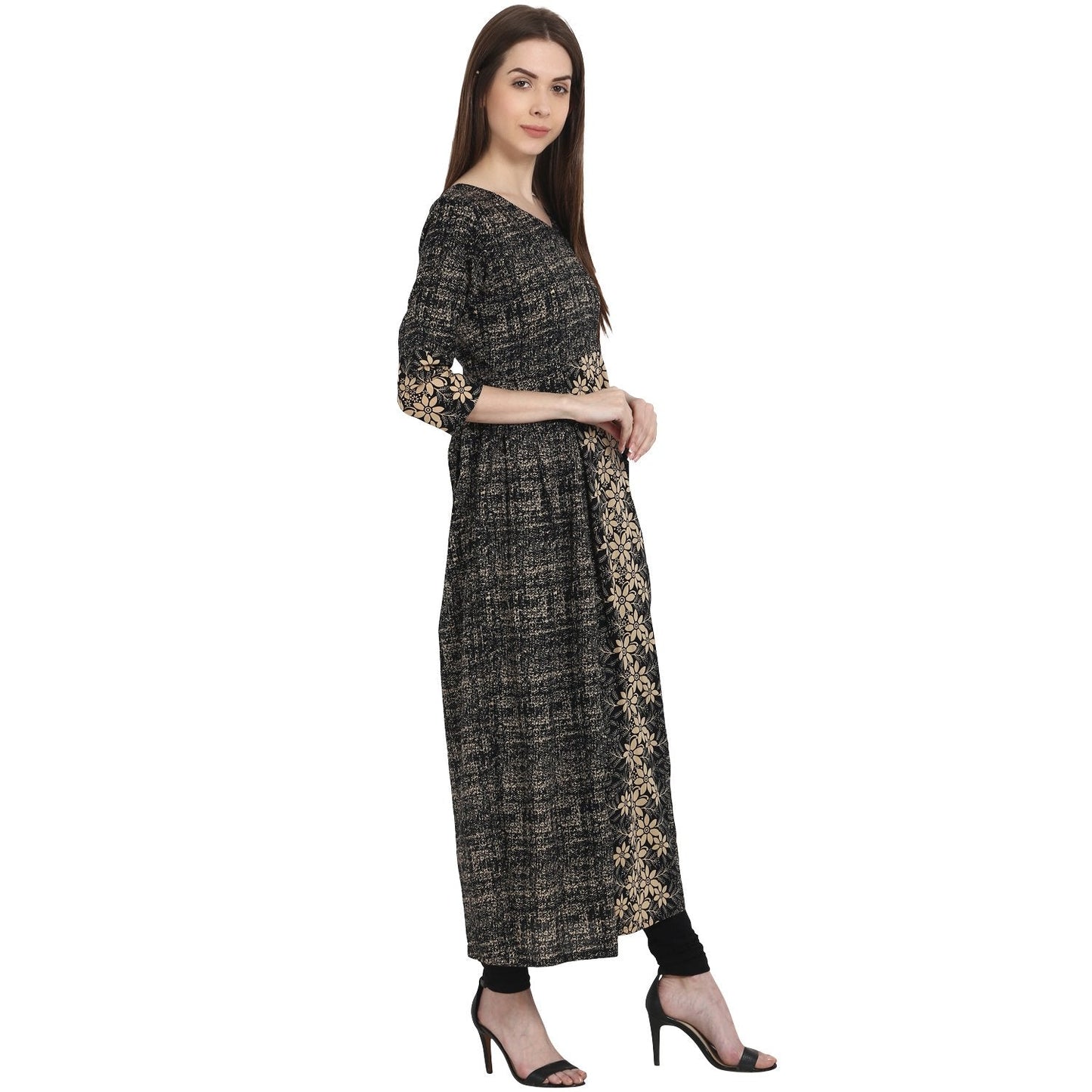 Women's Dark Grey Printed 3/4 Sleeve Cotton Kurta