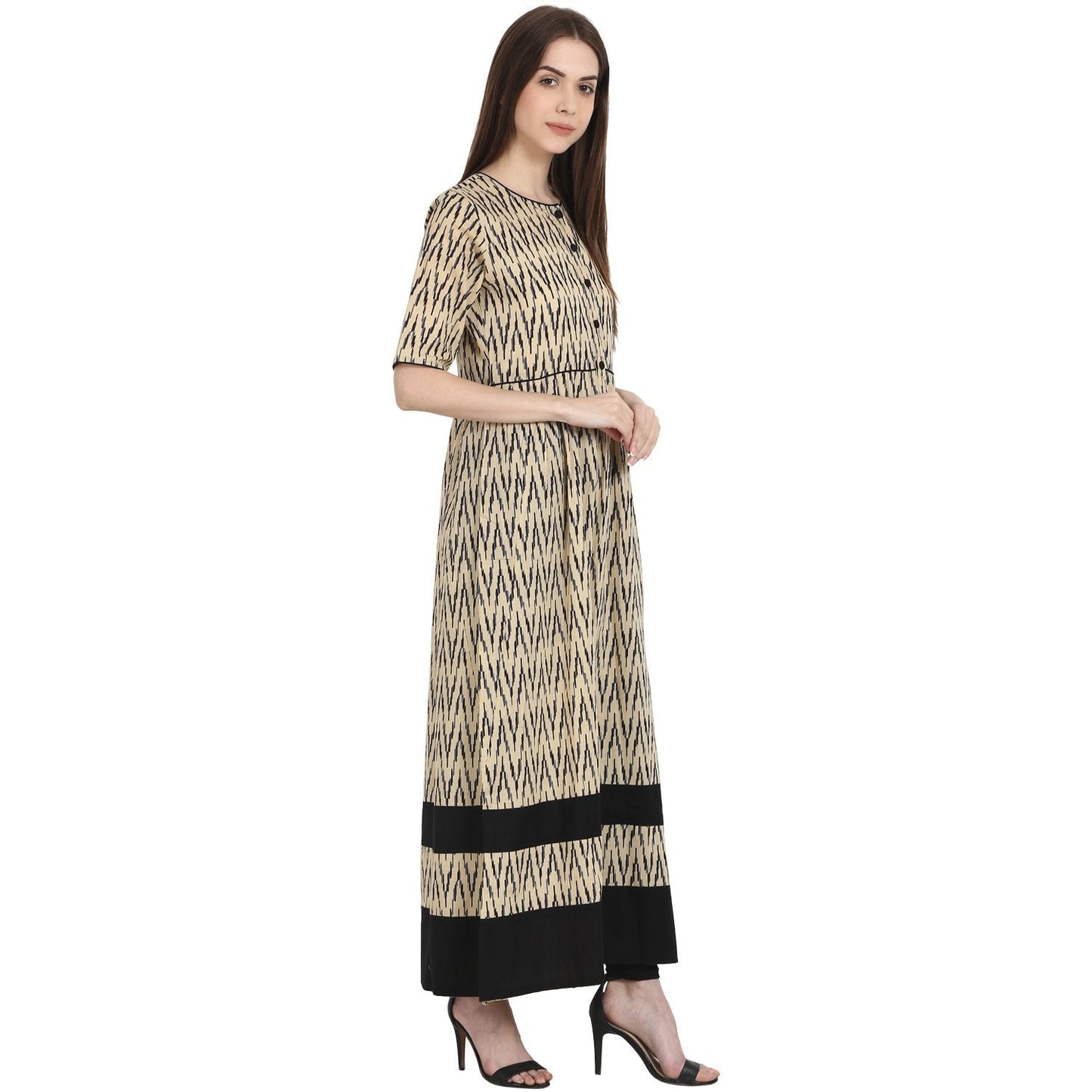 Women's Beige Printed Half Sleeve Cotton Long Kurta