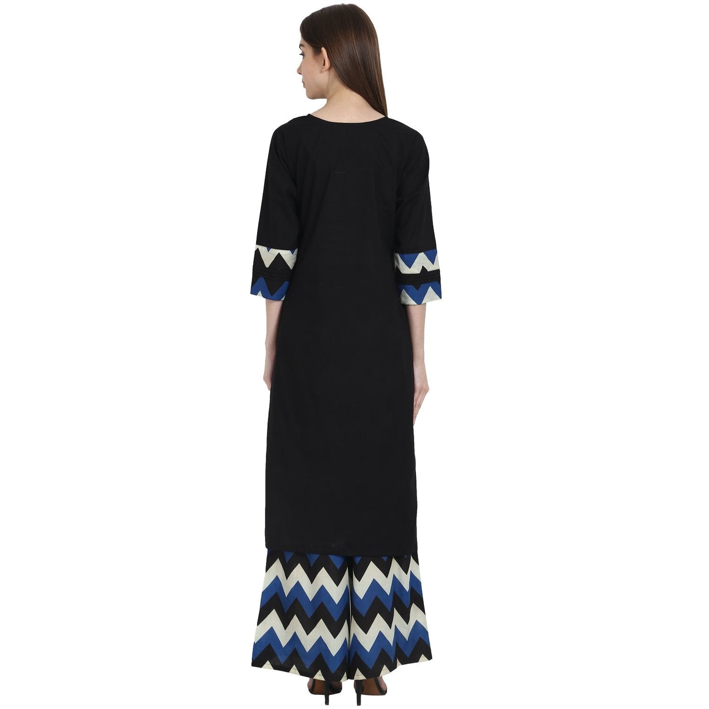 Women's Black 3/4 Sleeve Kurta With Blue Printed Ankle Length Plazzo