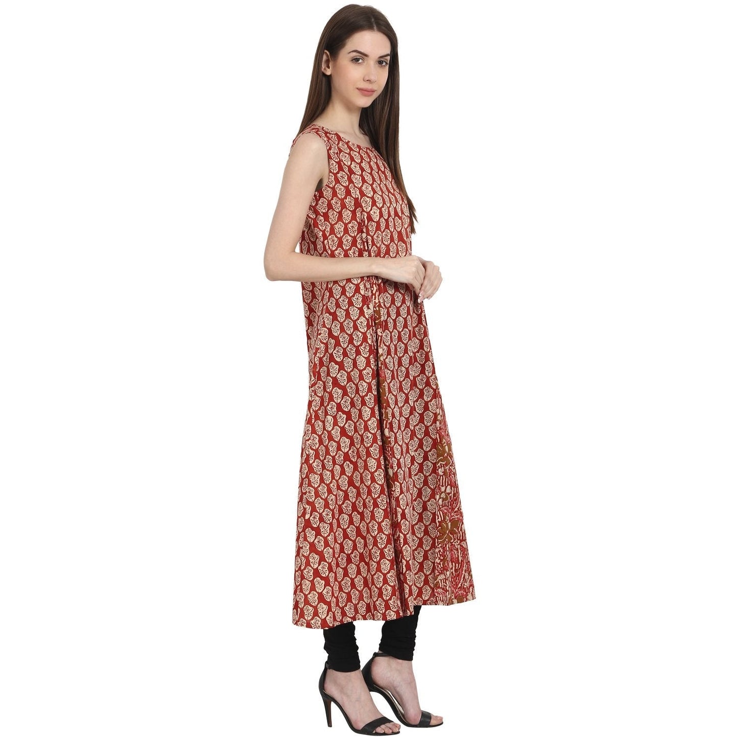 Women's Red Printed Sleevless Cotton A-Line Kurta